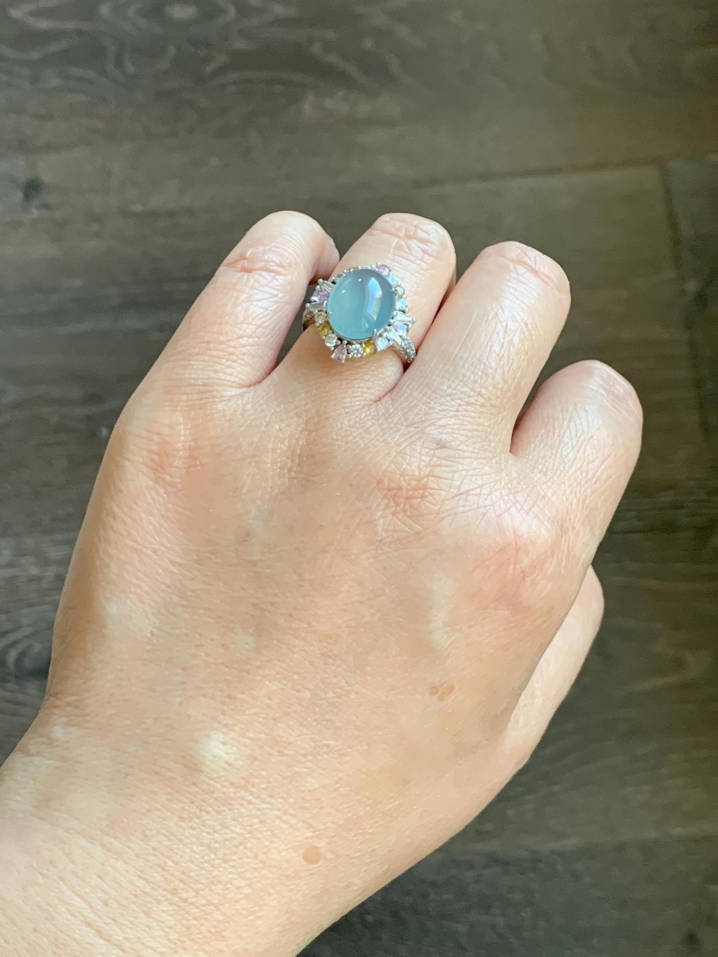 Natural Grade A Guatemalan Icy Translucent Light Teal Blue Oval Jade Jadeite Ring Sterling Silver Size Adjustable 天然冰危蓝翡翠银镶戒指 LDB165B