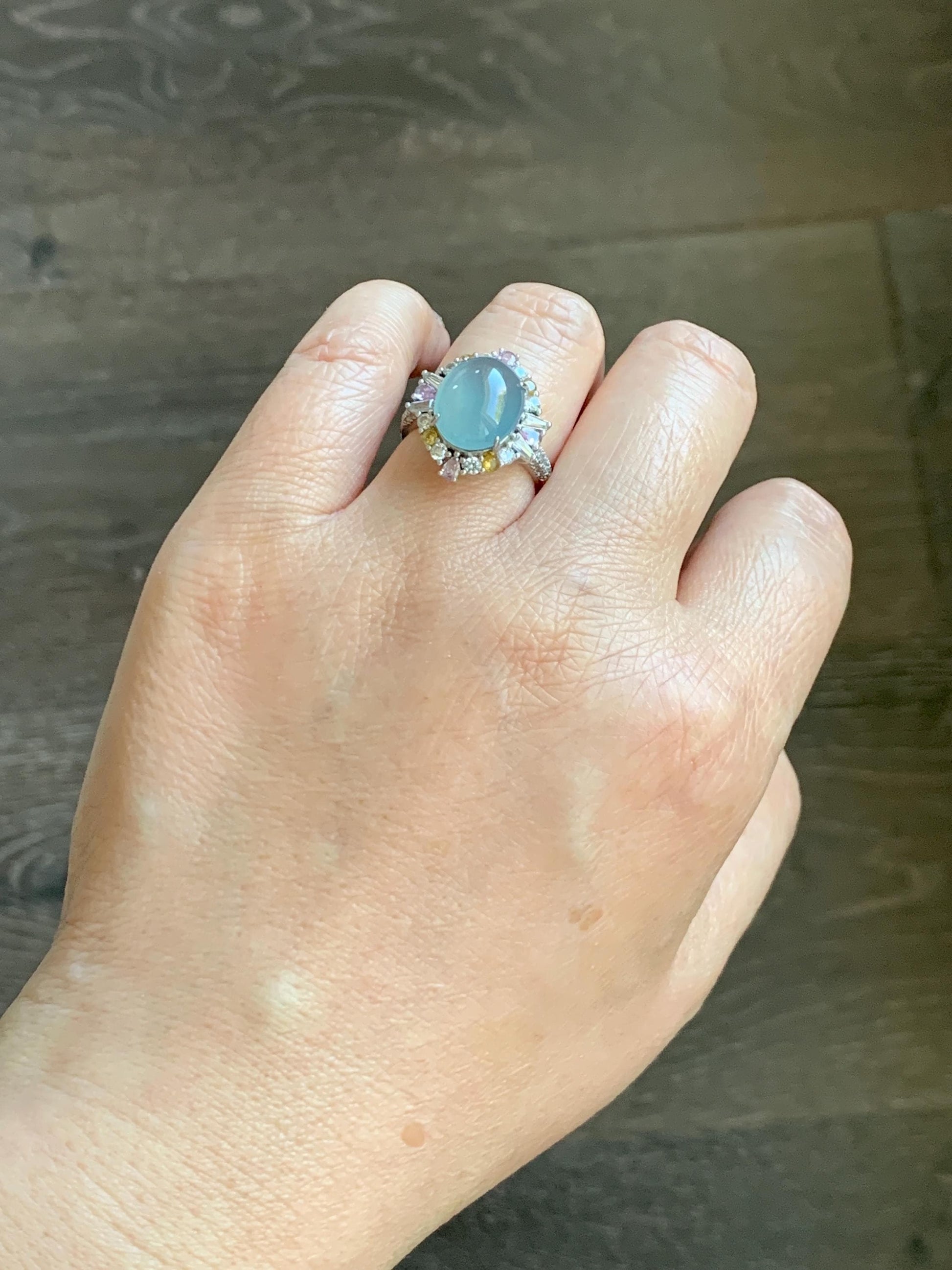 Natural Grade A Guatemalan Icy Translucent Light Teal Blue Oval Jade Jadeite Ring Sterling Silver Size Adjustable 天然冰危蓝翡翠银镶戒指 LDB165B