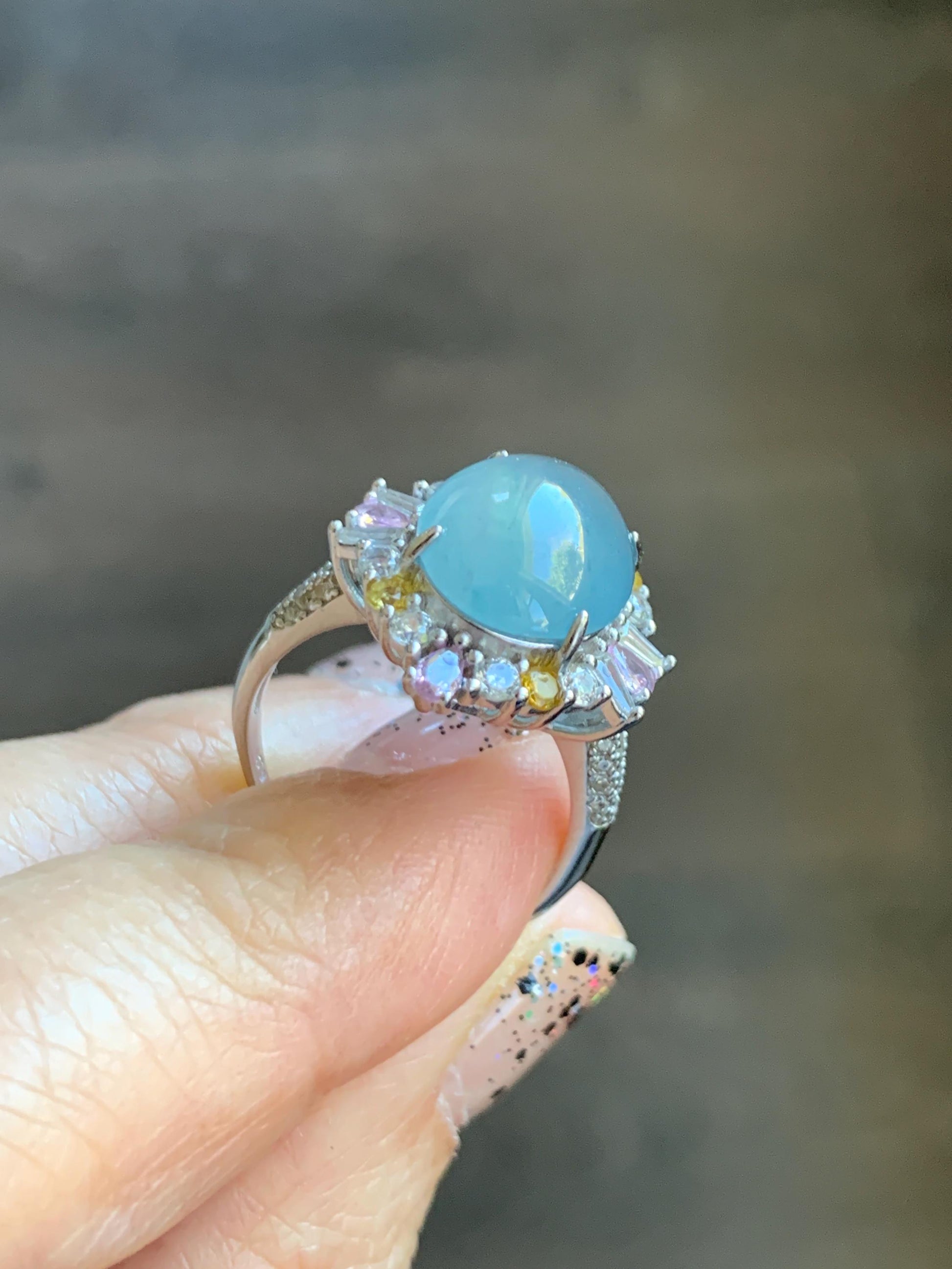 Natural Grade A Guatemalan Icy Translucent Light Teal Blue Oval Jade Jadeite Ring Sterling Silver Size Adjustable 天然冰危蓝翡翠银镶戒指 LDB165B