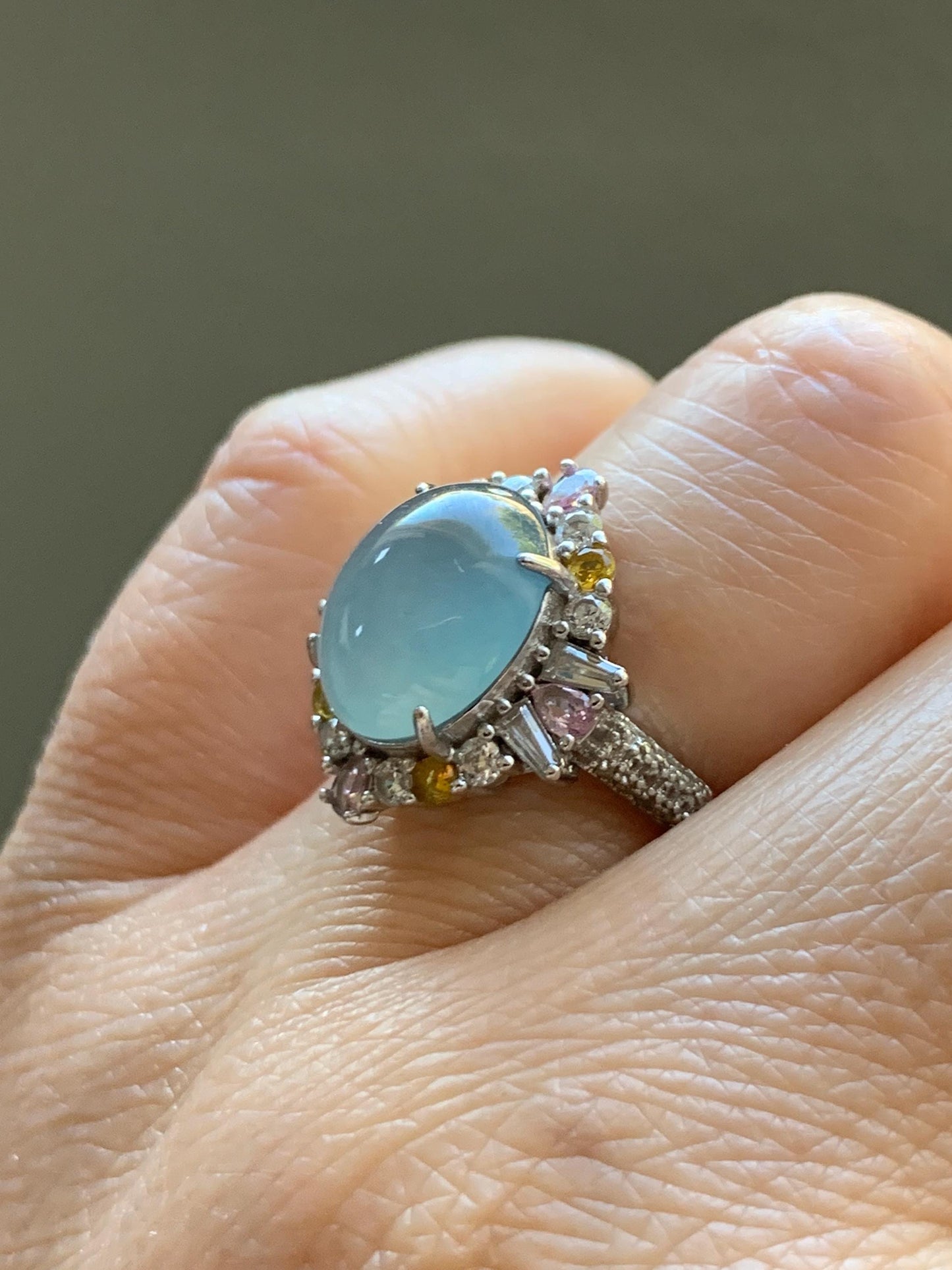 Natural Grade A Guatemalan Icy Translucent Light Teal Blue Oval Jade Jadeite Ring Sterling Silver Size Adjustable 天然冰危蓝翡翠银镶戒指 LDB165B