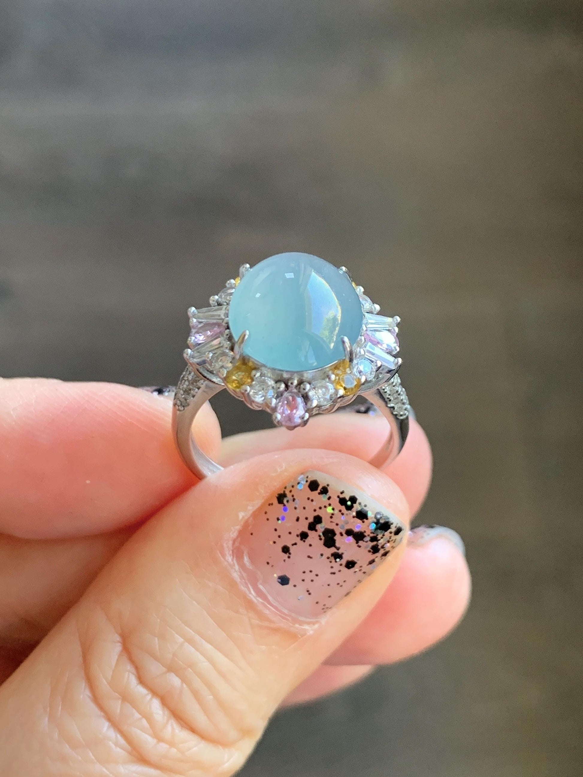 Natural Grade A Guatemalan Icy Translucent Light Teal Blue Oval Jade Jadeite Ring Sterling Silver Size Adjustable 天然冰危蓝翡翠银镶戒指 LDB165B