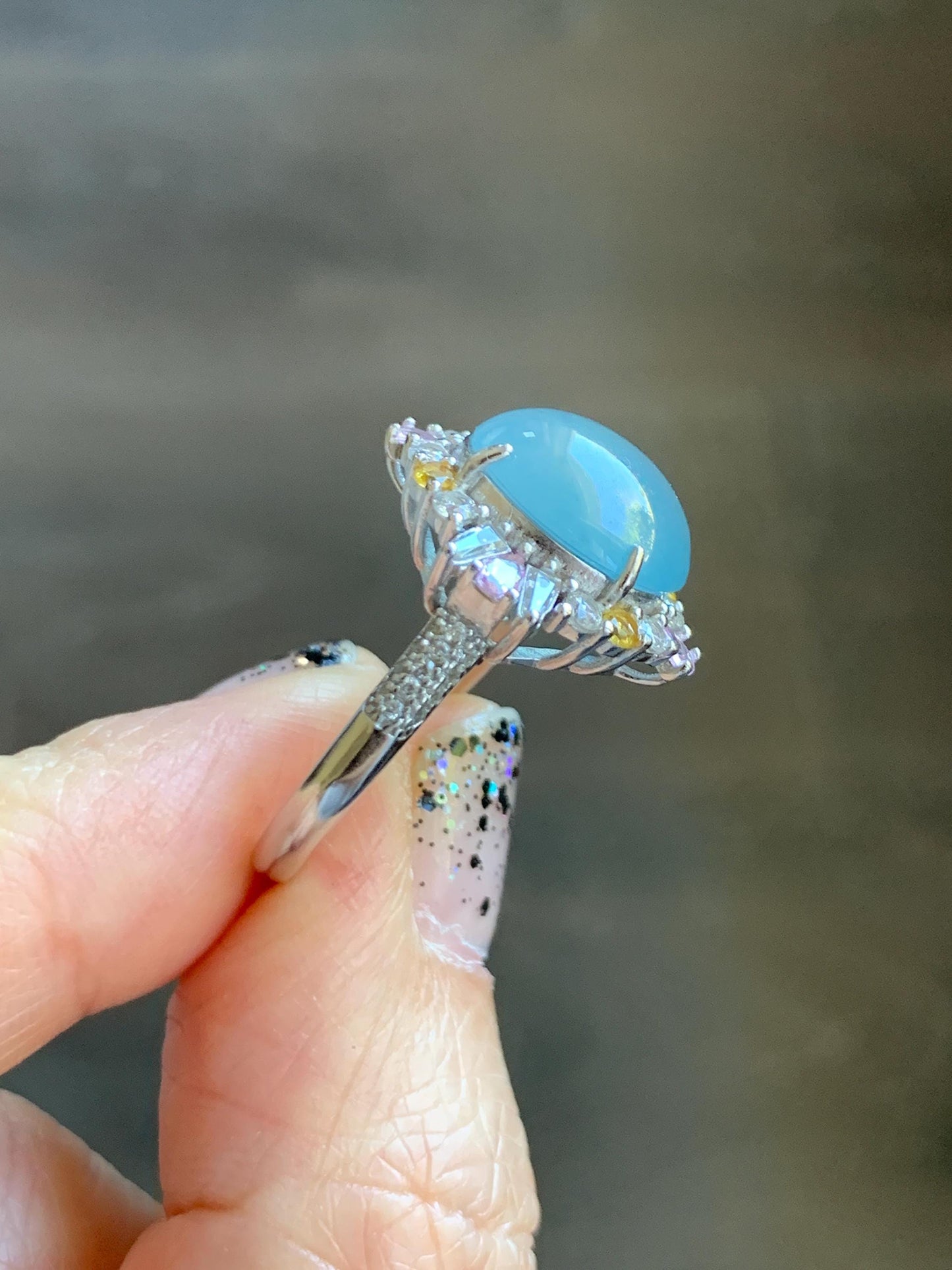 Natural Grade A Guatemalan Icy Translucent Light Teal Blue Oval Jade Jadeite Ring Sterling Silver Size Adjustable 天然冰危蓝翡翠银镶戒指 LDB165B