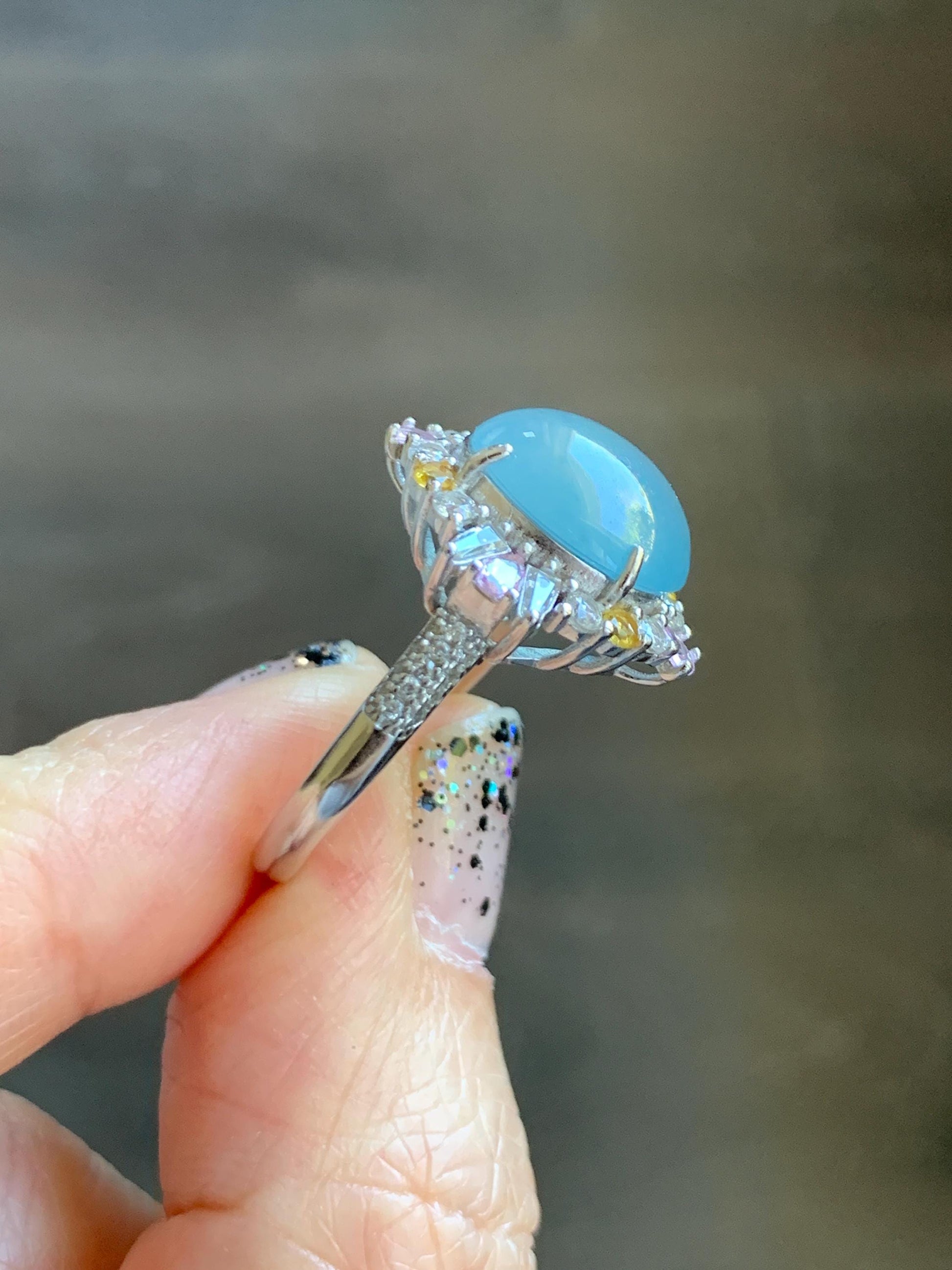Natural Grade A Guatemalan Icy Translucent Light Teal Blue Oval Jade Jadeite Ring Sterling Silver Size Adjustable 天然冰危蓝翡翠银镶戒指 LDB165B