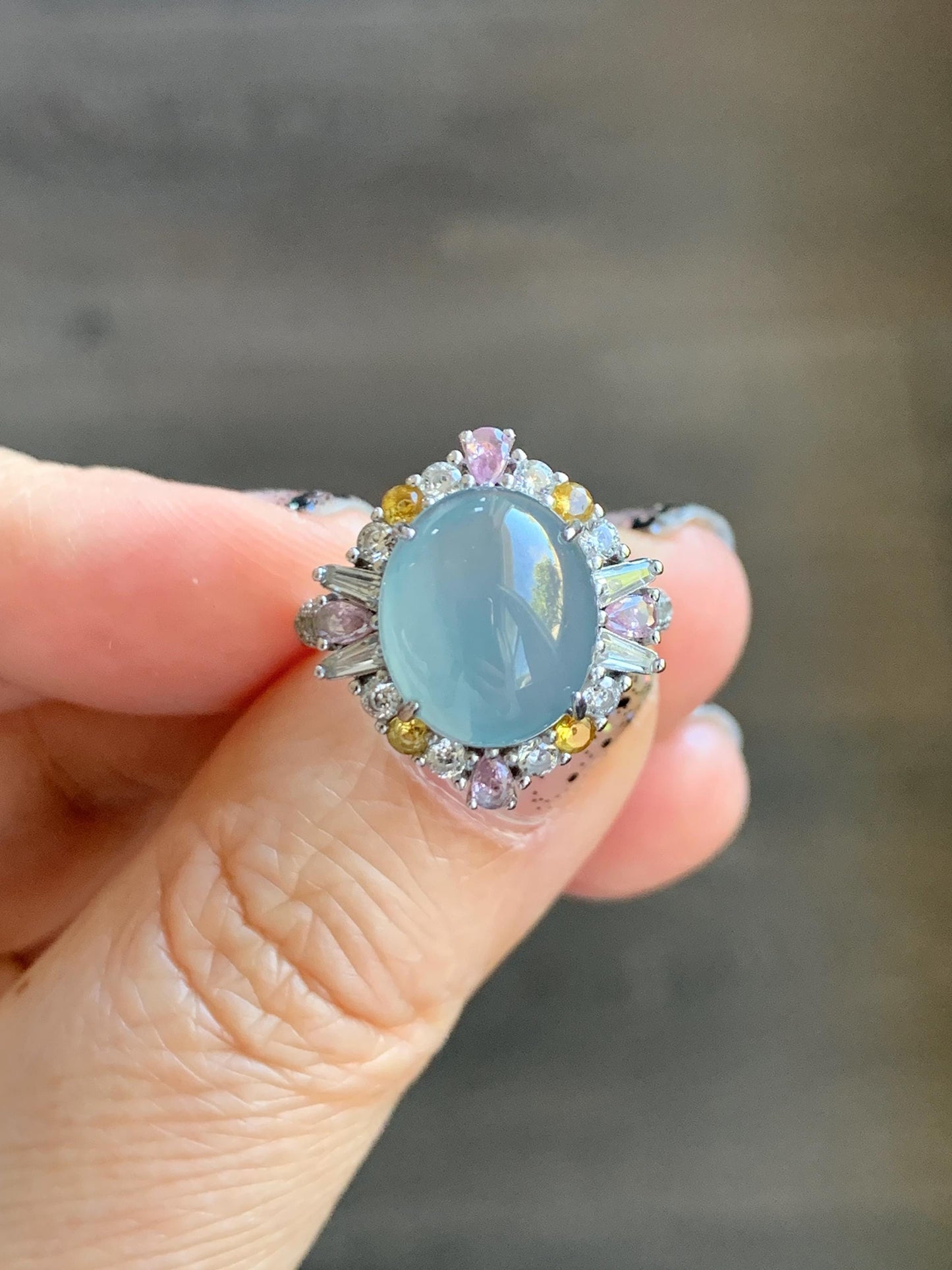 Natural Grade A Guatemalan Icy Translucent Light Teal Blue Oval Jade Jadeite Ring Sterling Silver Size Adjustable 天然冰危蓝翡翠银镶戒指 LDB165B