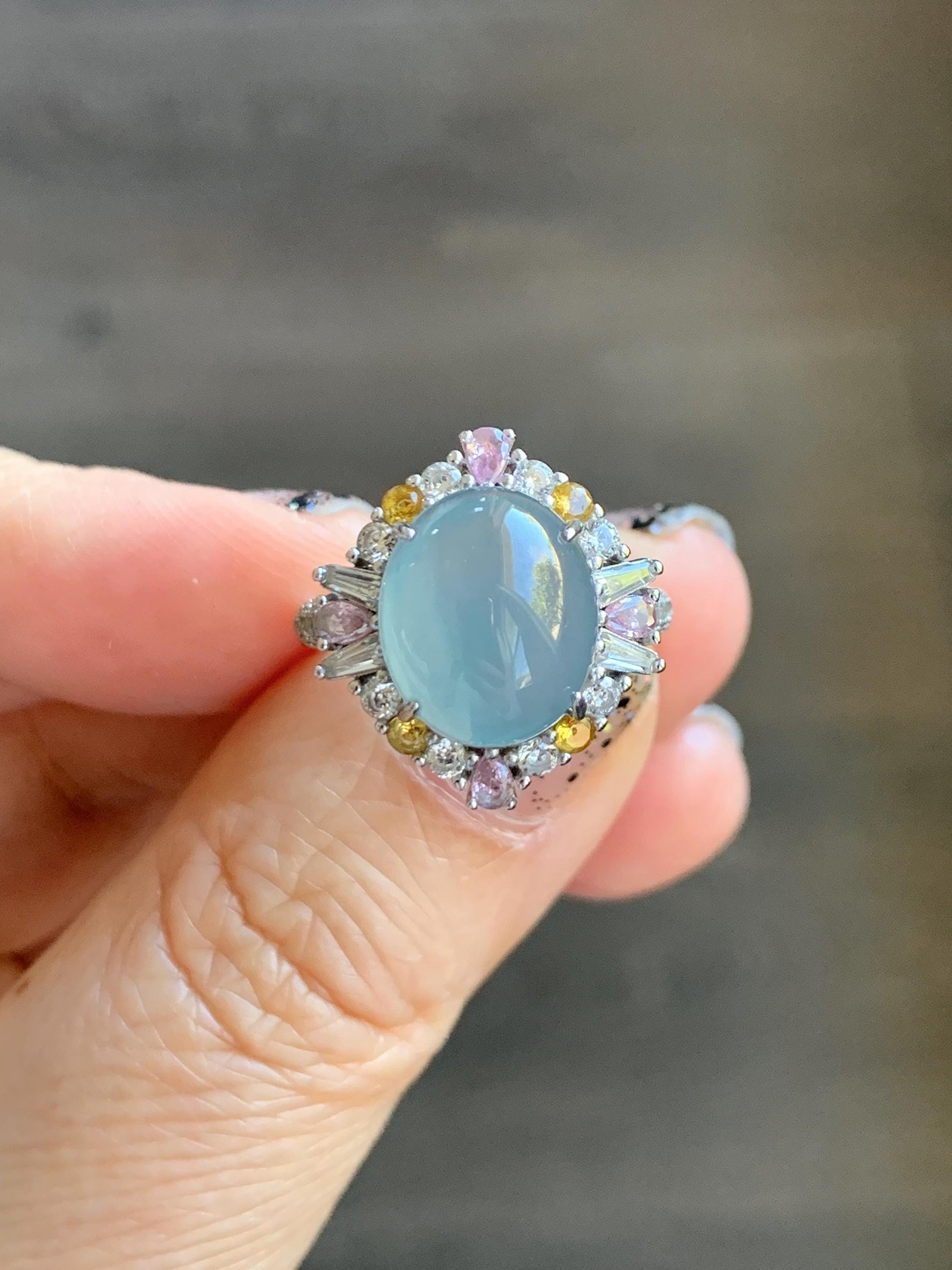 Natural Grade A Guatemalan Icy Translucent Light Teal Blue Oval Jade Jadeite Ring Sterling Silver Size Adjustable 天然冰危蓝翡翠银镶戒指 LDB165B