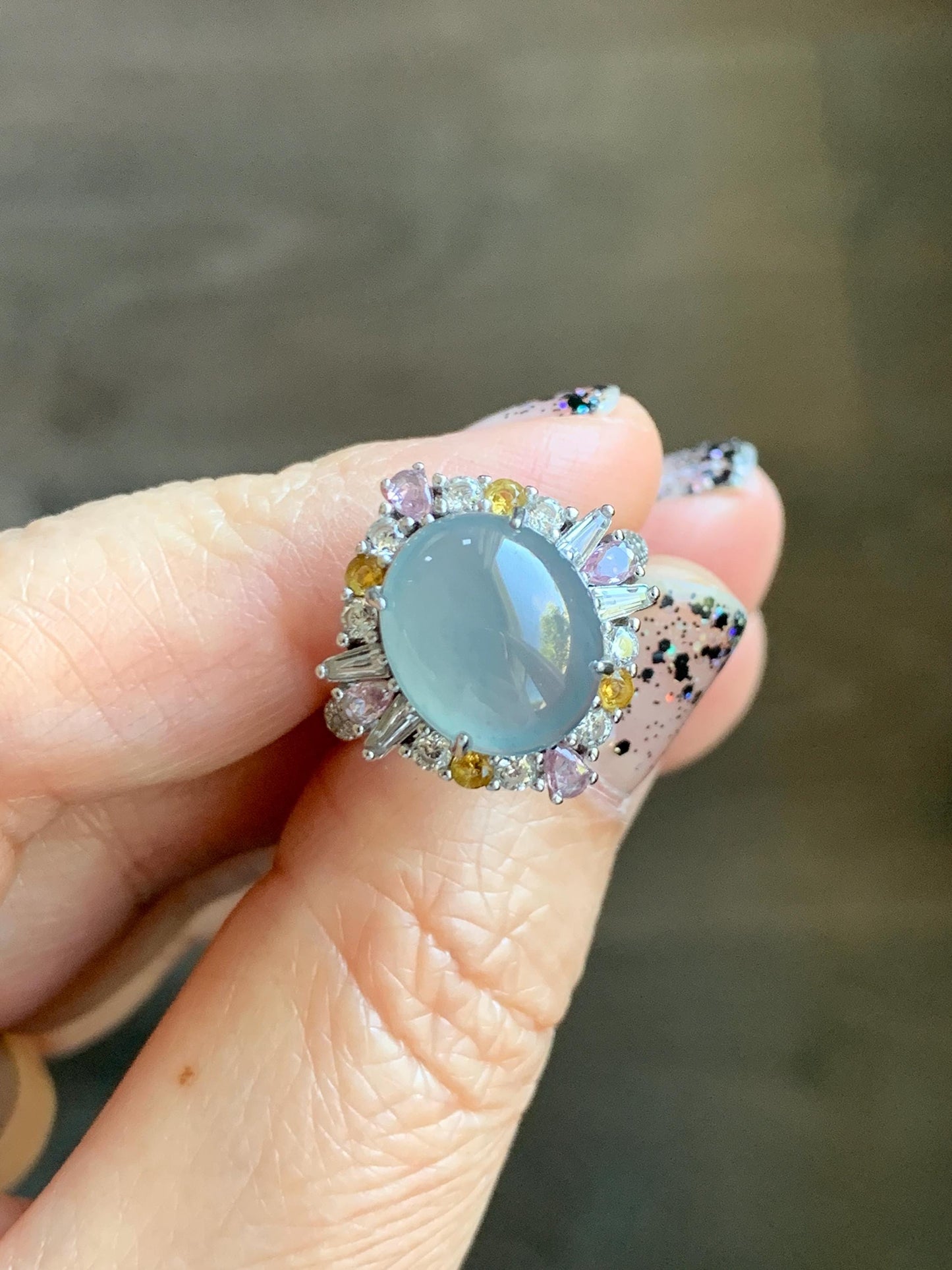 Natural Grade A Guatemalan Icy Translucent Light Teal Blue Oval Jade Jadeite Ring Sterling Silver Size Adjustable 天然冰危蓝翡翠银镶戒指 LDB165B