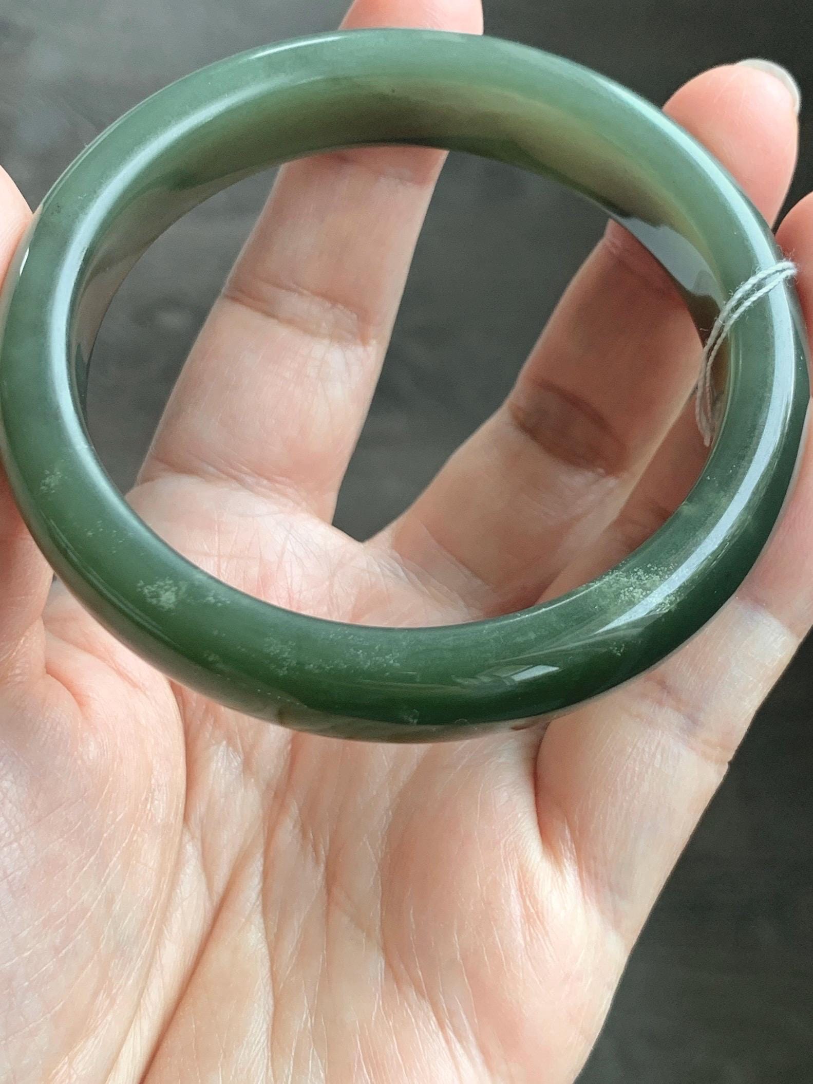 Certified Natural Nephrite Jade Translucent Dark Olive Green Bangle Bracelet 59mm 7.3” 56.23g 天然和田玉轮胎宽手镯 148
