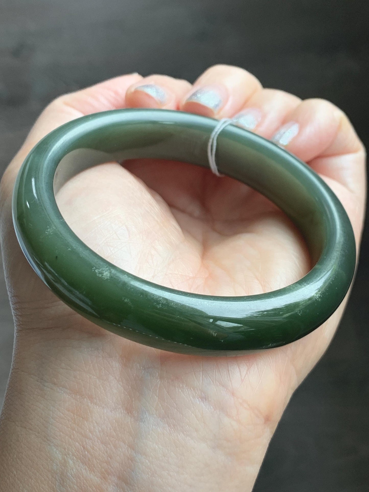 Certified Natural Nephrite Jade Translucent Dark Olive Green Bangle Bracelet 59mm 7.3” 56.23g 天然和田玉轮胎宽手镯 148