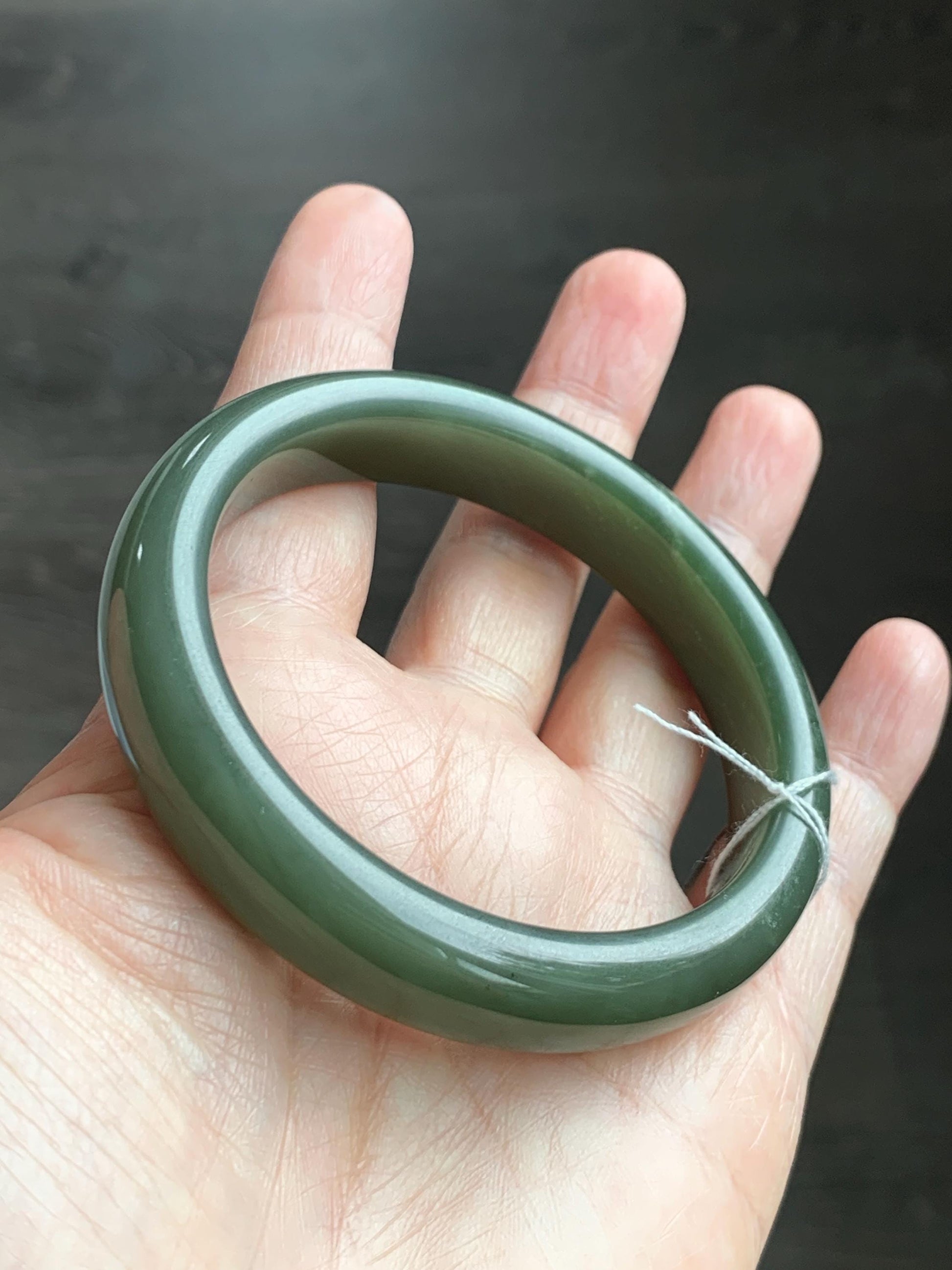 Certified Natural Nephrite Jade Translucent Dark Olive Green Bangle Bracelet 59mm 7.3” 56.23g 天然和田玉轮胎宽手镯 148