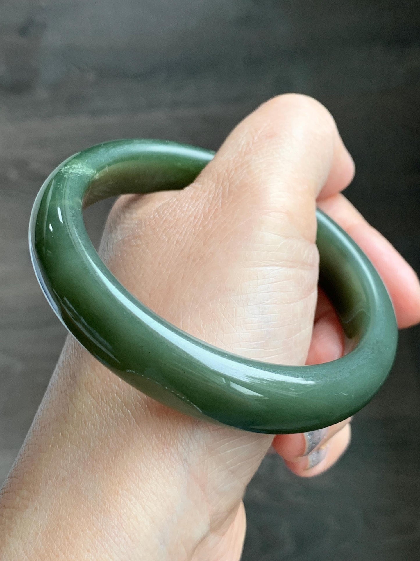 Certified Natural Nephrite Jade Translucent Dark Olive Green Bangle Bracelet 59mm 7.3” 56.23g 天然和田玉轮胎宽手镯 148