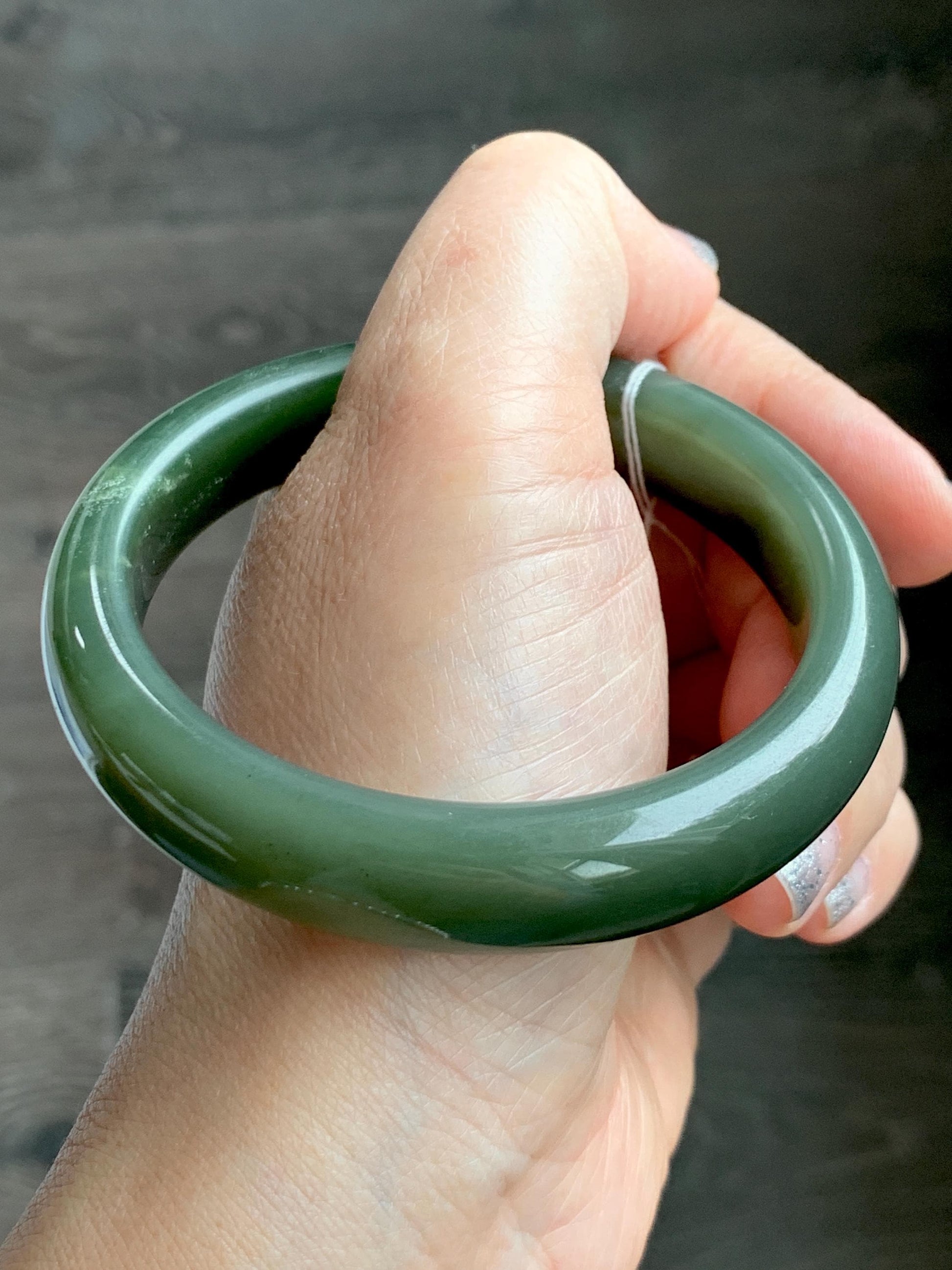 Certified Natural Nephrite Jade Translucent Dark Olive Green Bangle Bracelet 59mm 7.3” 56.23g 天然和田玉轮胎宽手镯 148