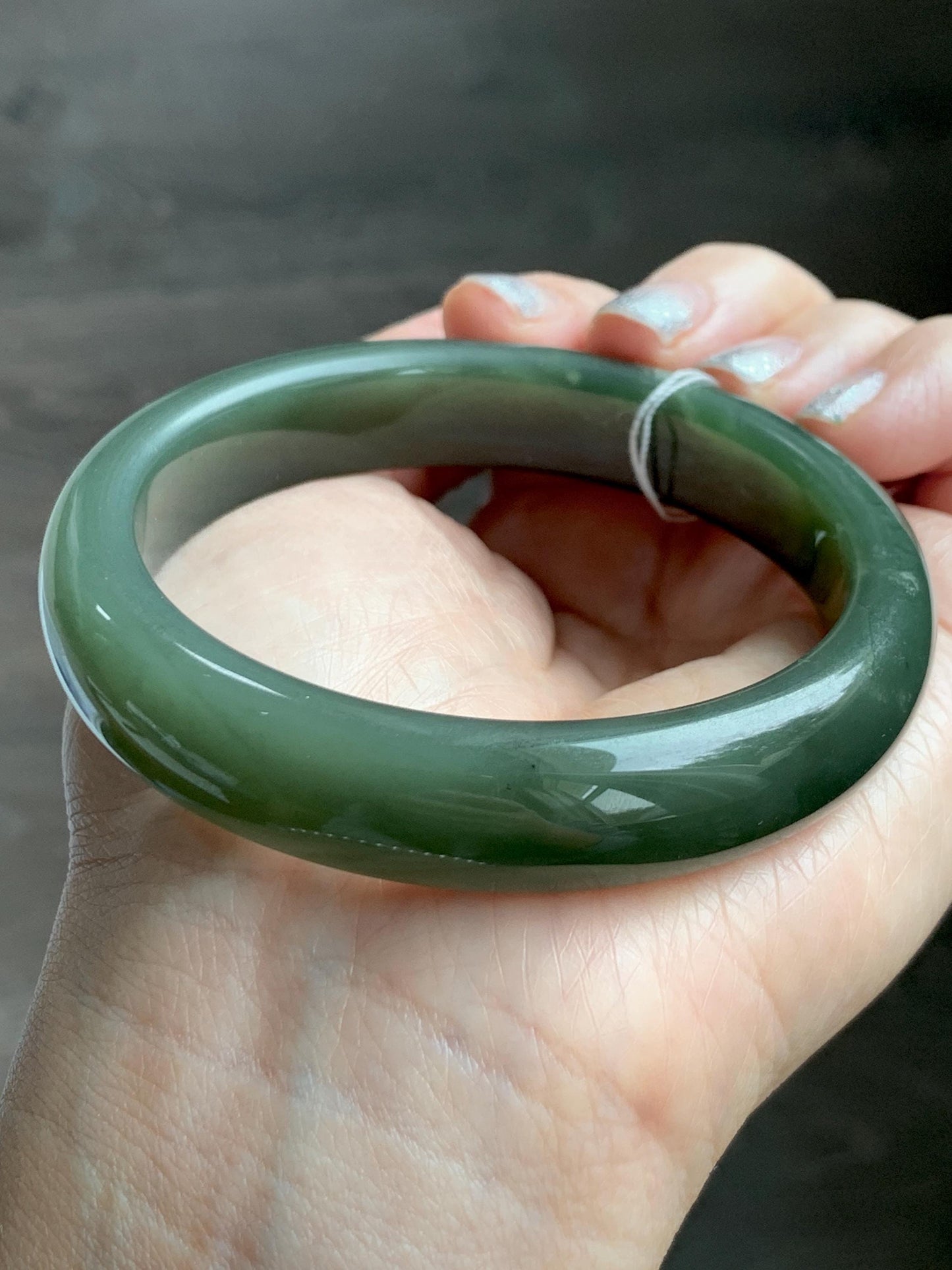Certified Natural Nephrite Jade Translucent Dark Olive Green Bangle Bracelet 59mm 7.3” 56.23g 天然和田玉轮胎宽手镯 148