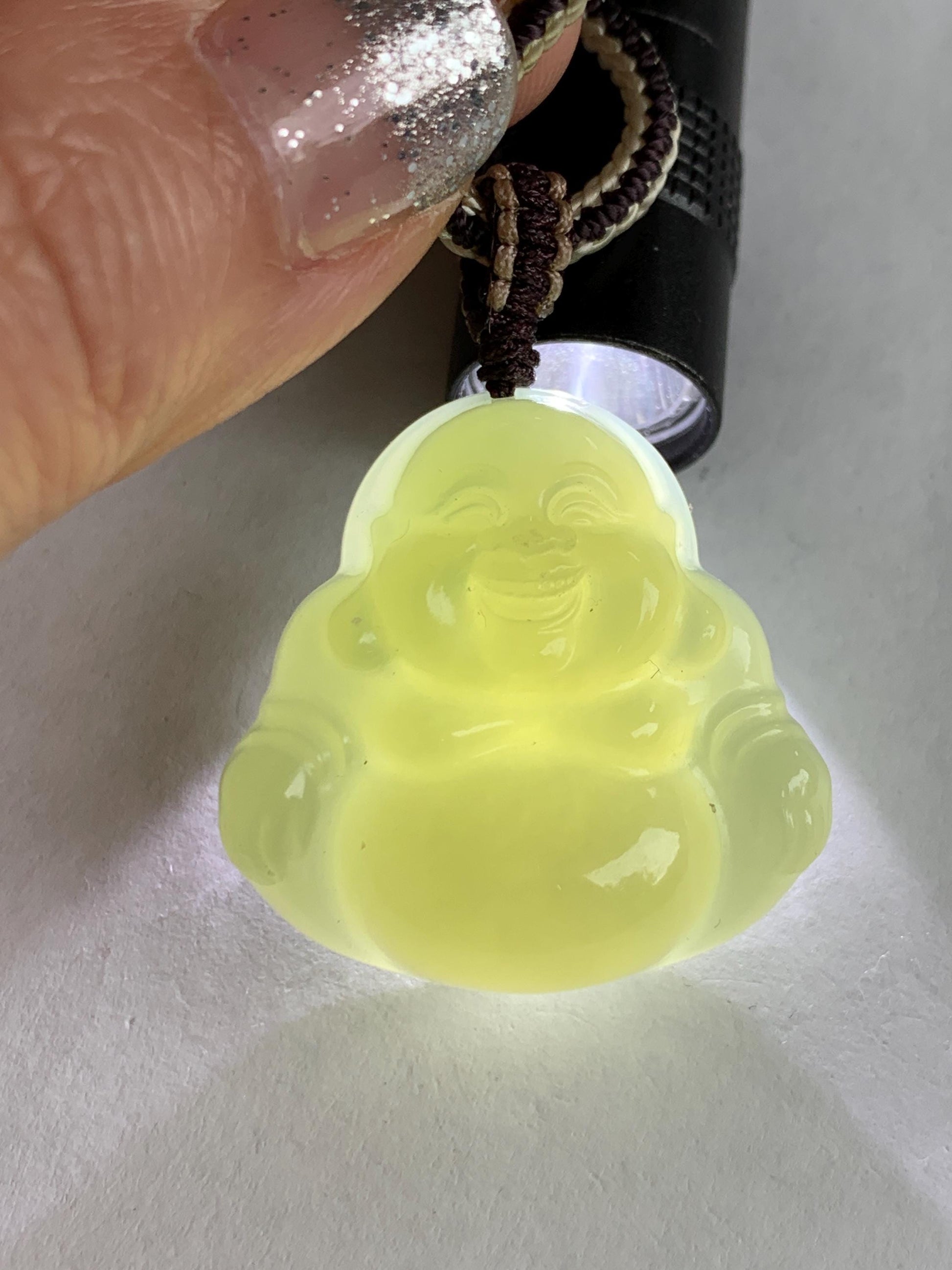 Certified Natural Nephrite Jade Icy Translucent Beige Large Buddha Pendant Rope Necklace Adjustable 28” 16g 天然和田玉冰糖黄佛公项链 158