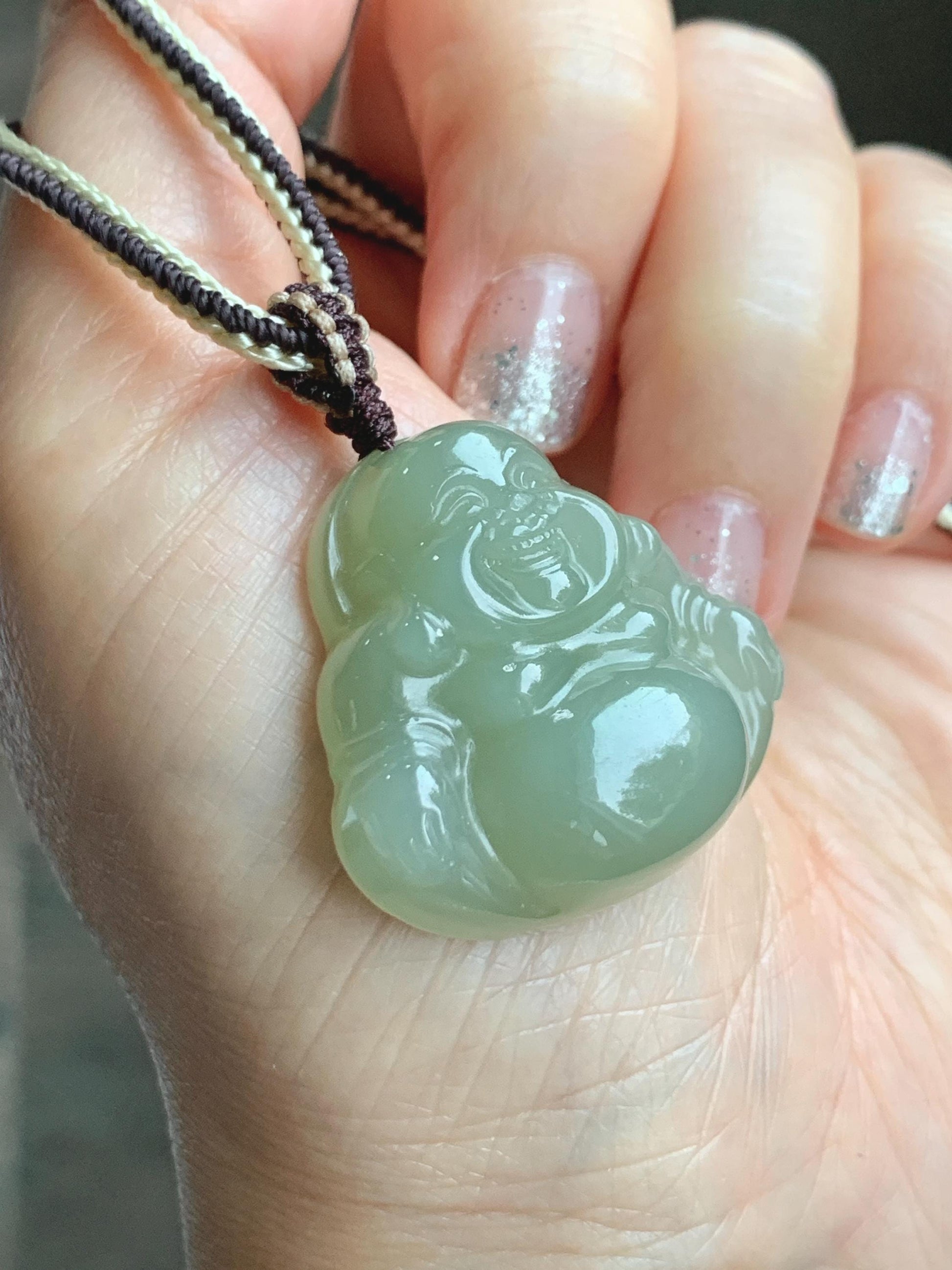 Certified Natural Nephrite Jade Icy Translucent Beige Large Buddha Pendant Rope Necklace Adjustable 28” 16g 天然和田玉冰糖黄佛公项链 158