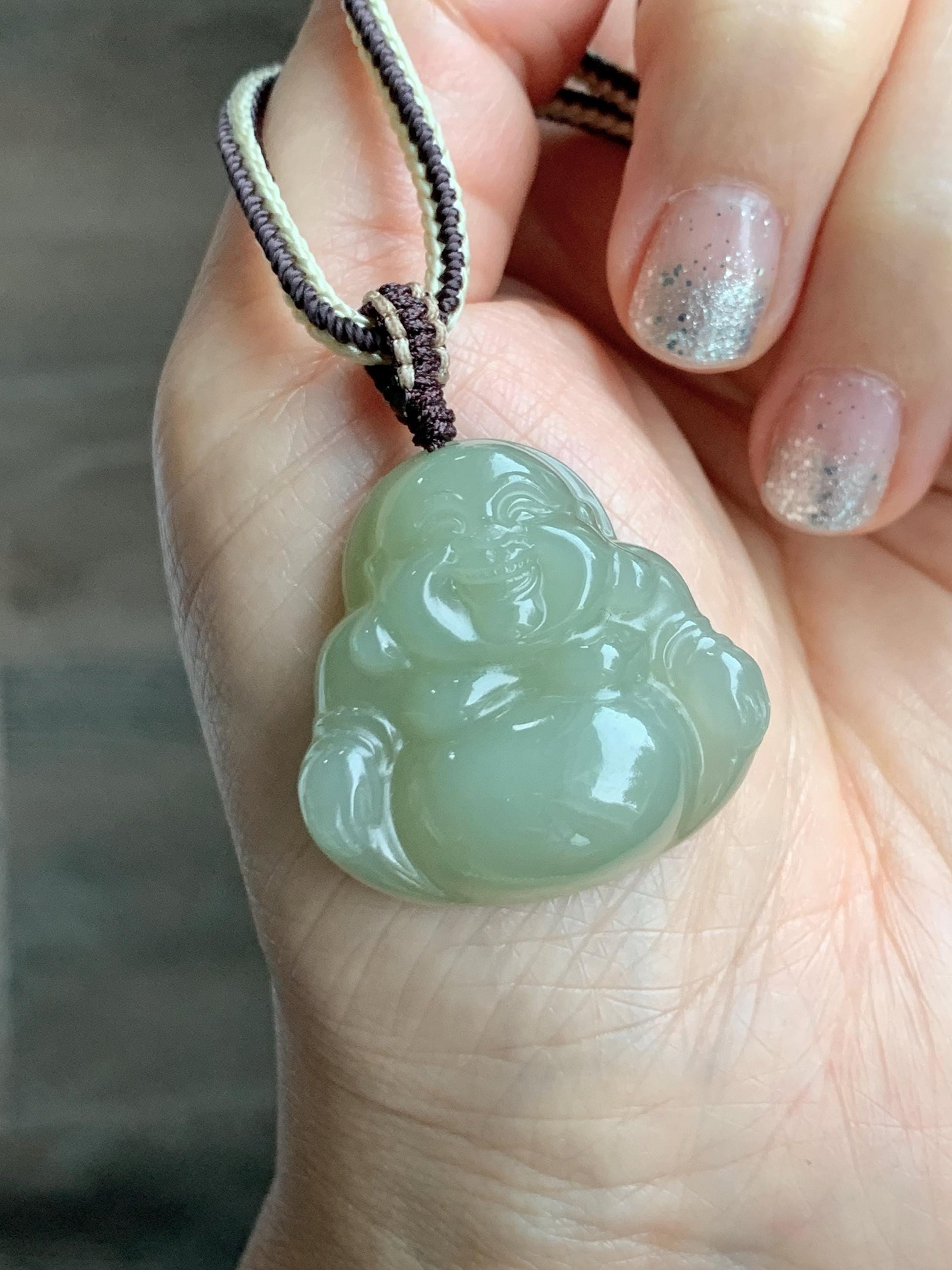 Certified Natural Nephrite Jade Icy Translucent Beige Large Buddha Pendant Rope Necklace Adjustable 28” 16g 天然和田玉冰糖黄佛公项链 158