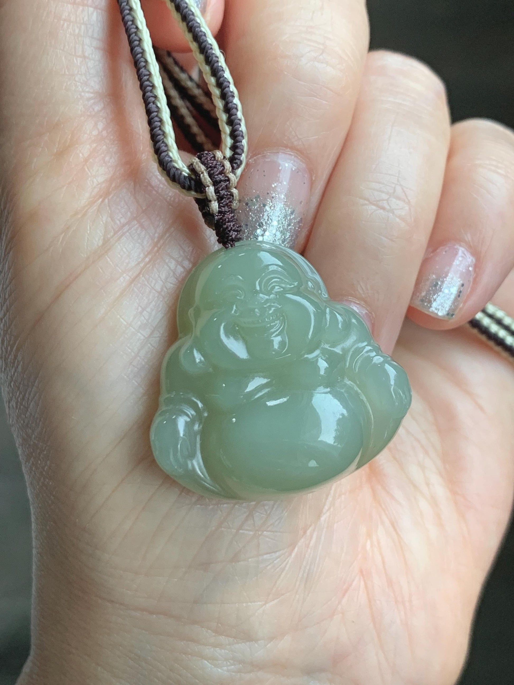 Certified Natural Nephrite Jade Icy Translucent Beige Large Buddha Pendant Rope Necklace Adjustable 28” 16g 天然和田玉冰糖黄佛公项链 158