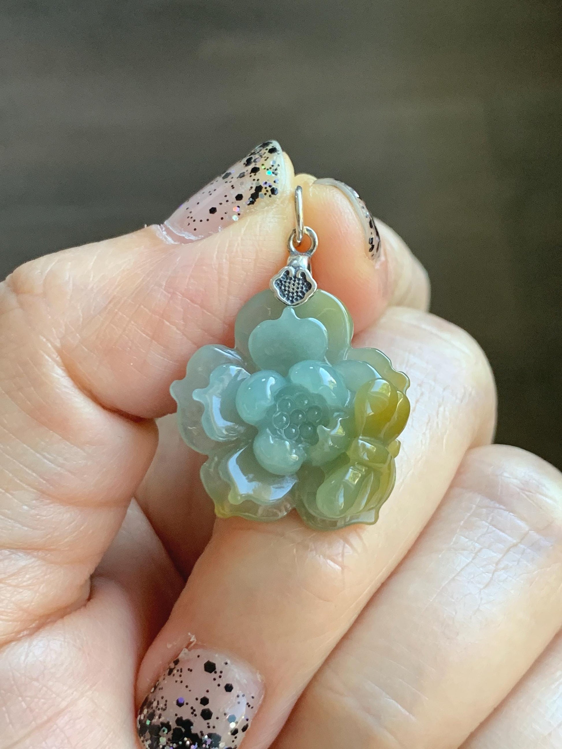 Natural Grade A Guatemalan Icy Translucent Pastel Dusty Blue Yellow Jade Jadeite Lotus Flower Pendant Sterling Silver 天然冰危蓝黄翡翠莲花吊坠 WSS118