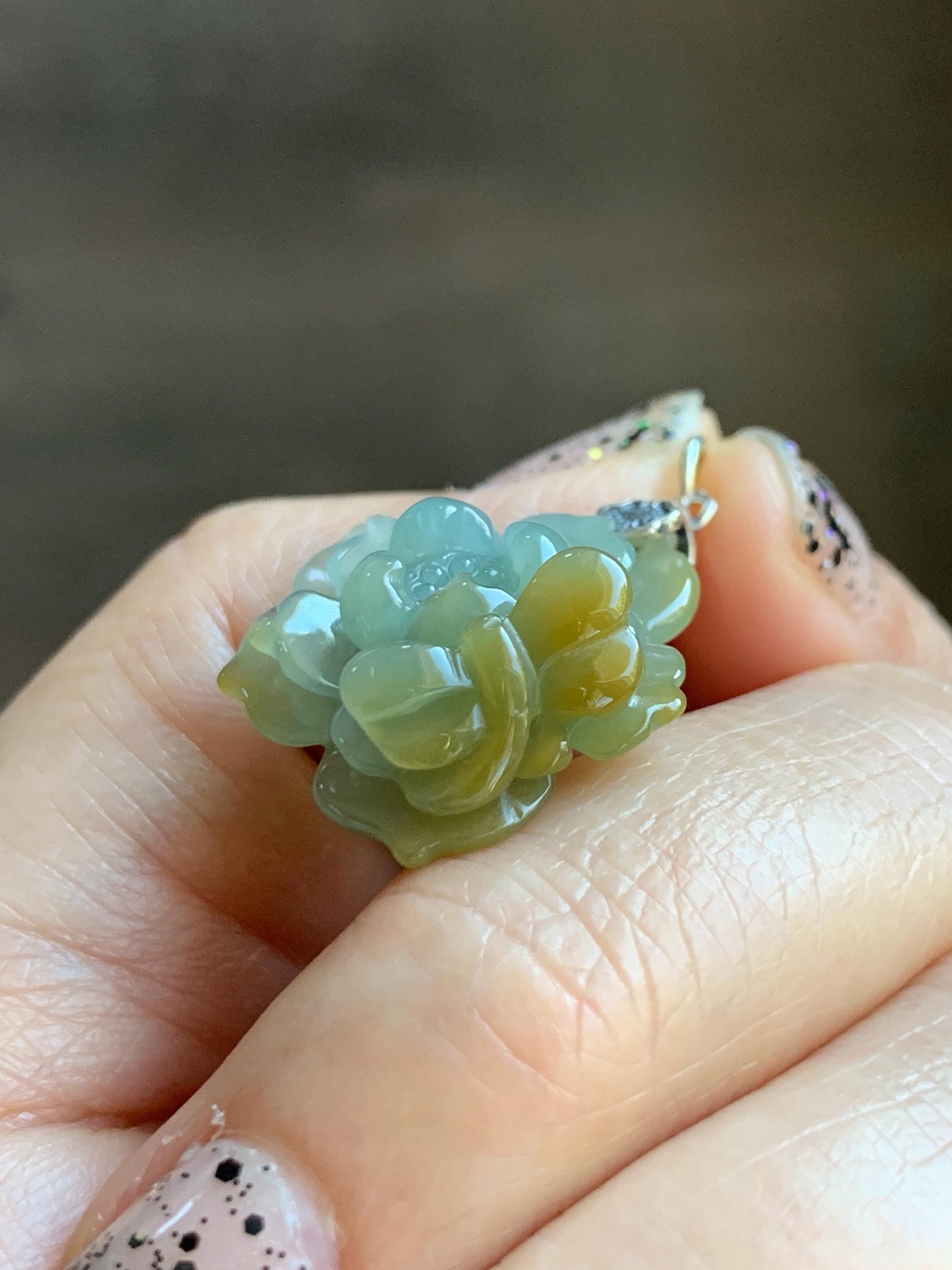 Natural Grade A Guatemalan Icy Translucent Pastel Dusty Blue Yellow Jade Jadeite Lotus Flower Pendant Sterling Silver 天然冰危蓝黄翡翠莲花吊坠 WSS118