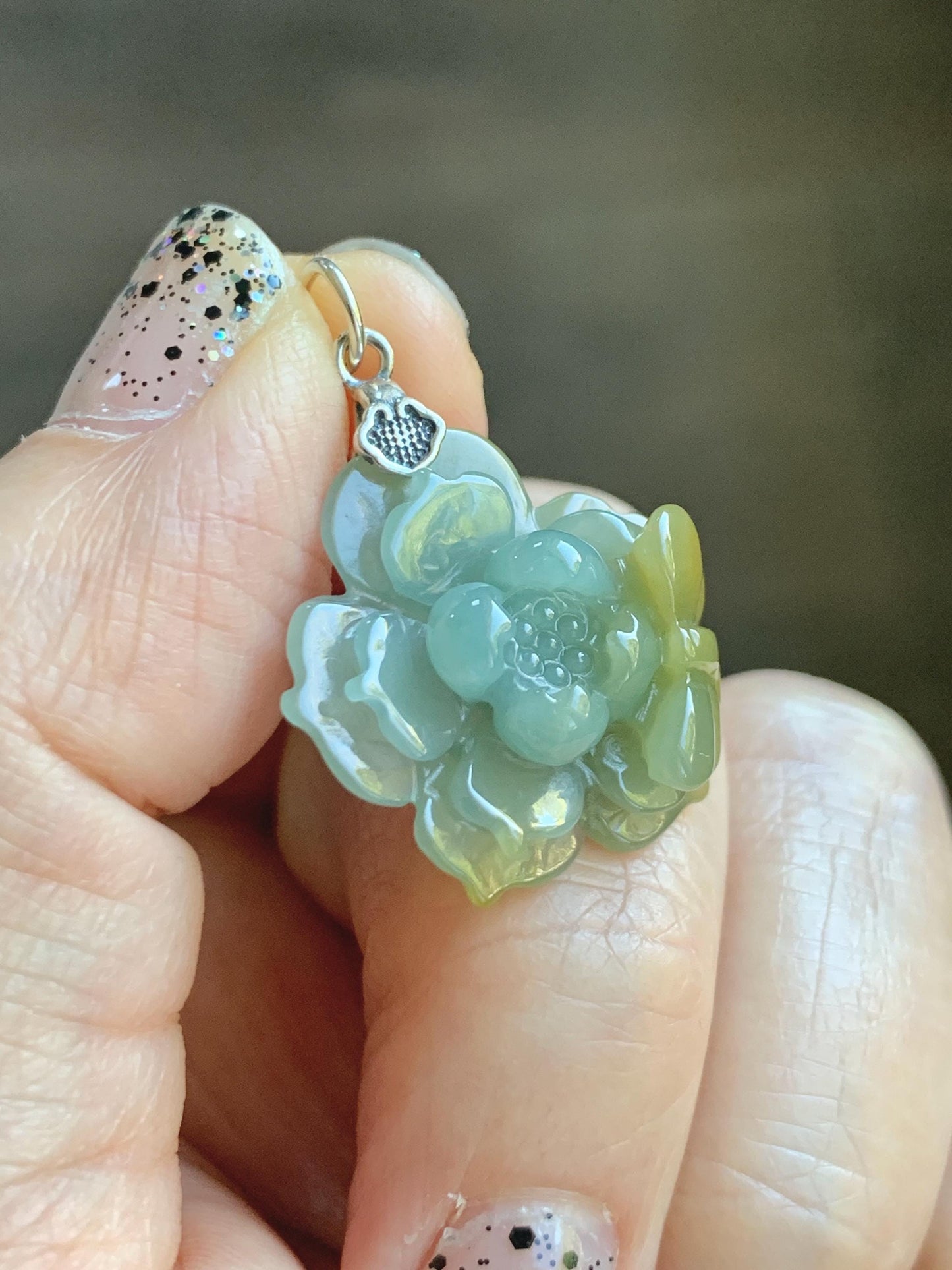 Natural Grade A Guatemalan Icy Translucent Pastel Dusty Blue Yellow Jade Jadeite Lotus Flower Pendant Sterling Silver 天然冰危蓝黄翡翠莲花吊坠 WSS118