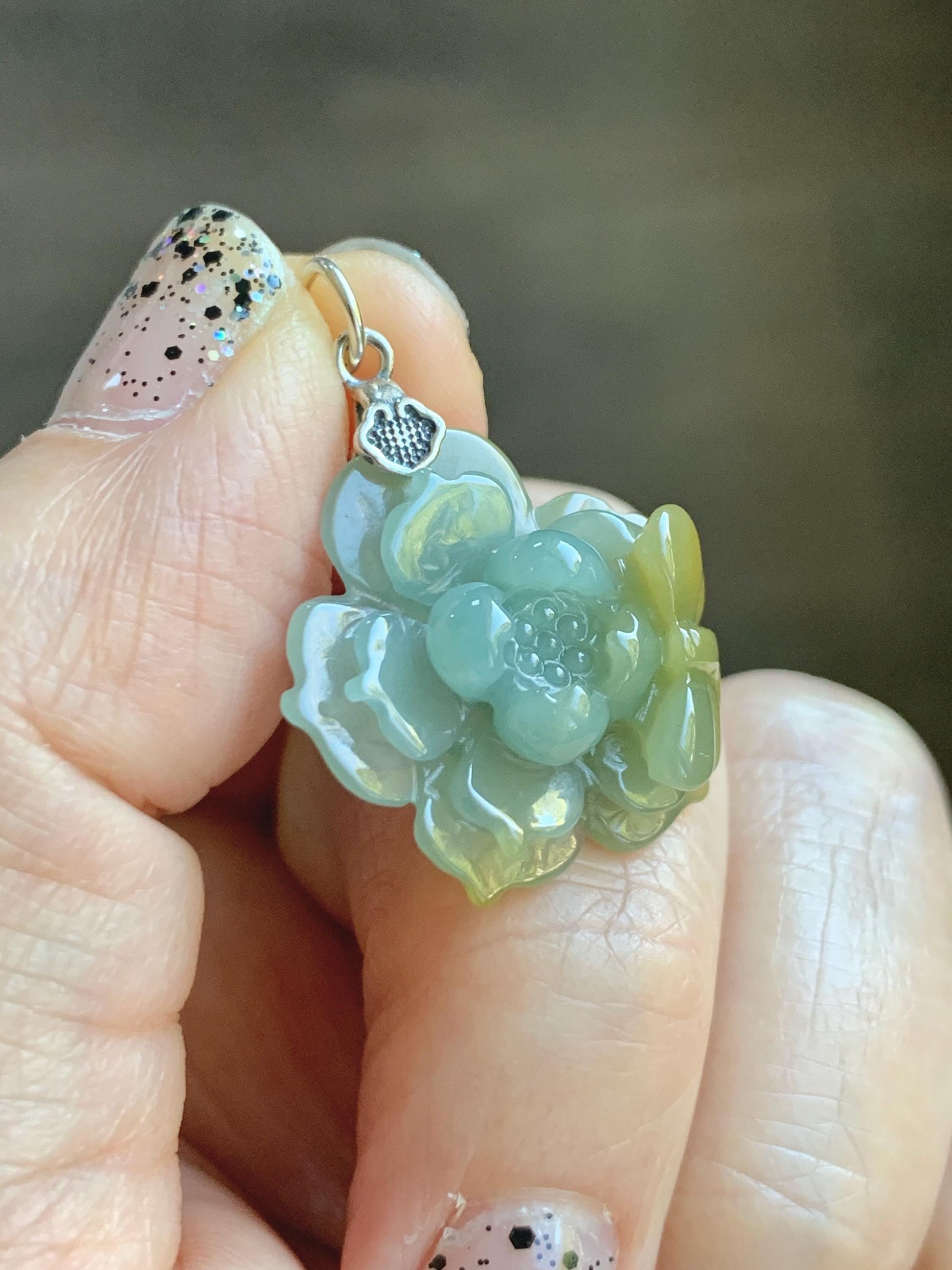 Natural Grade A Guatemalan Icy Translucent Pastel Dusty Blue Yellow Jade Jadeite Lotus Flower Pendant Sterling Silver 天然冰危蓝黄翡翠莲花吊坠 WSS118