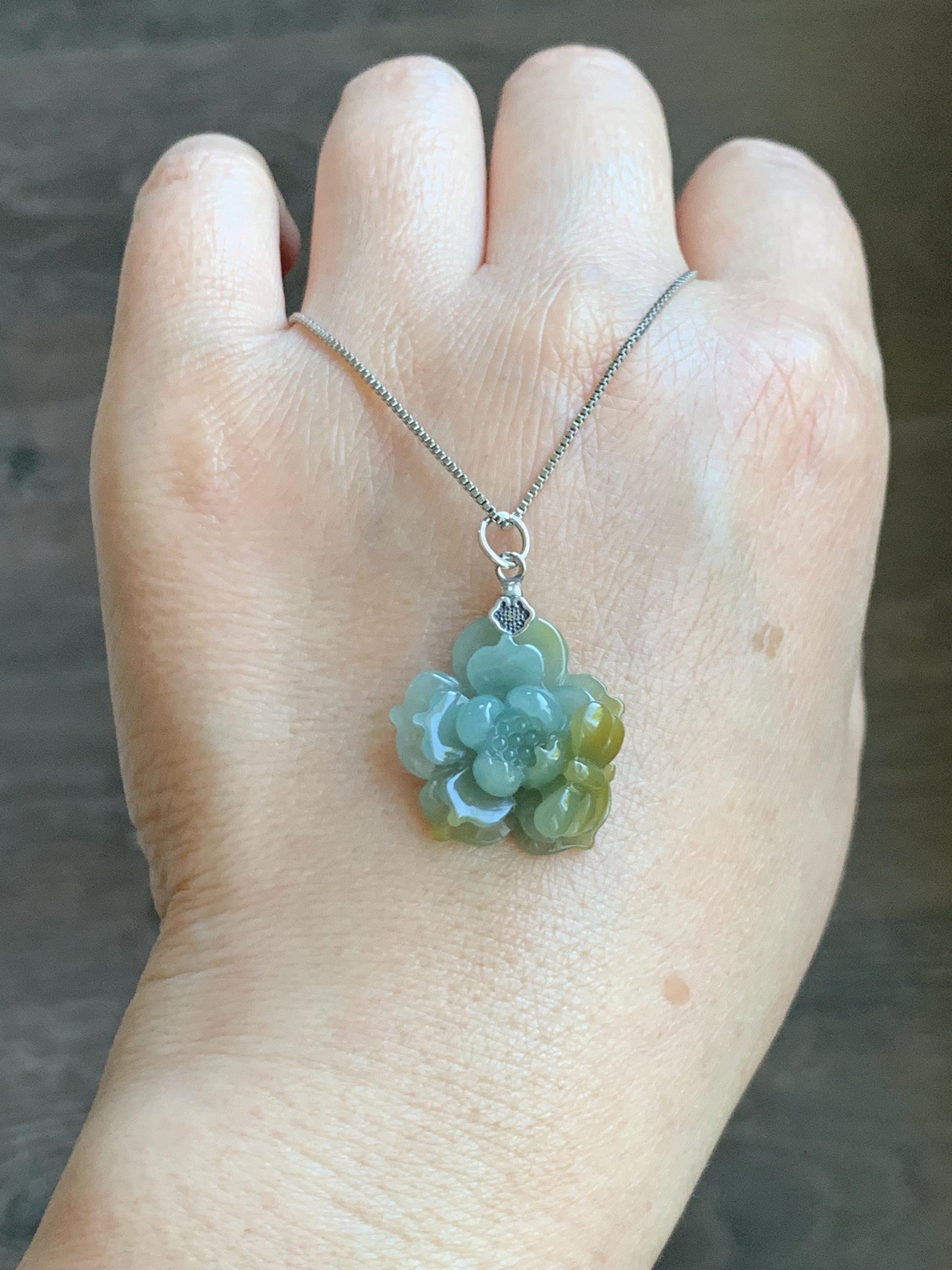 Natural Grade A Guatemalan Icy Translucent Pastel Dusty Blue Yellow Jade Jadeite Lotus Flower Pendant Sterling Silver 天然冰危蓝黄翡翠莲花吊坠 WSS118