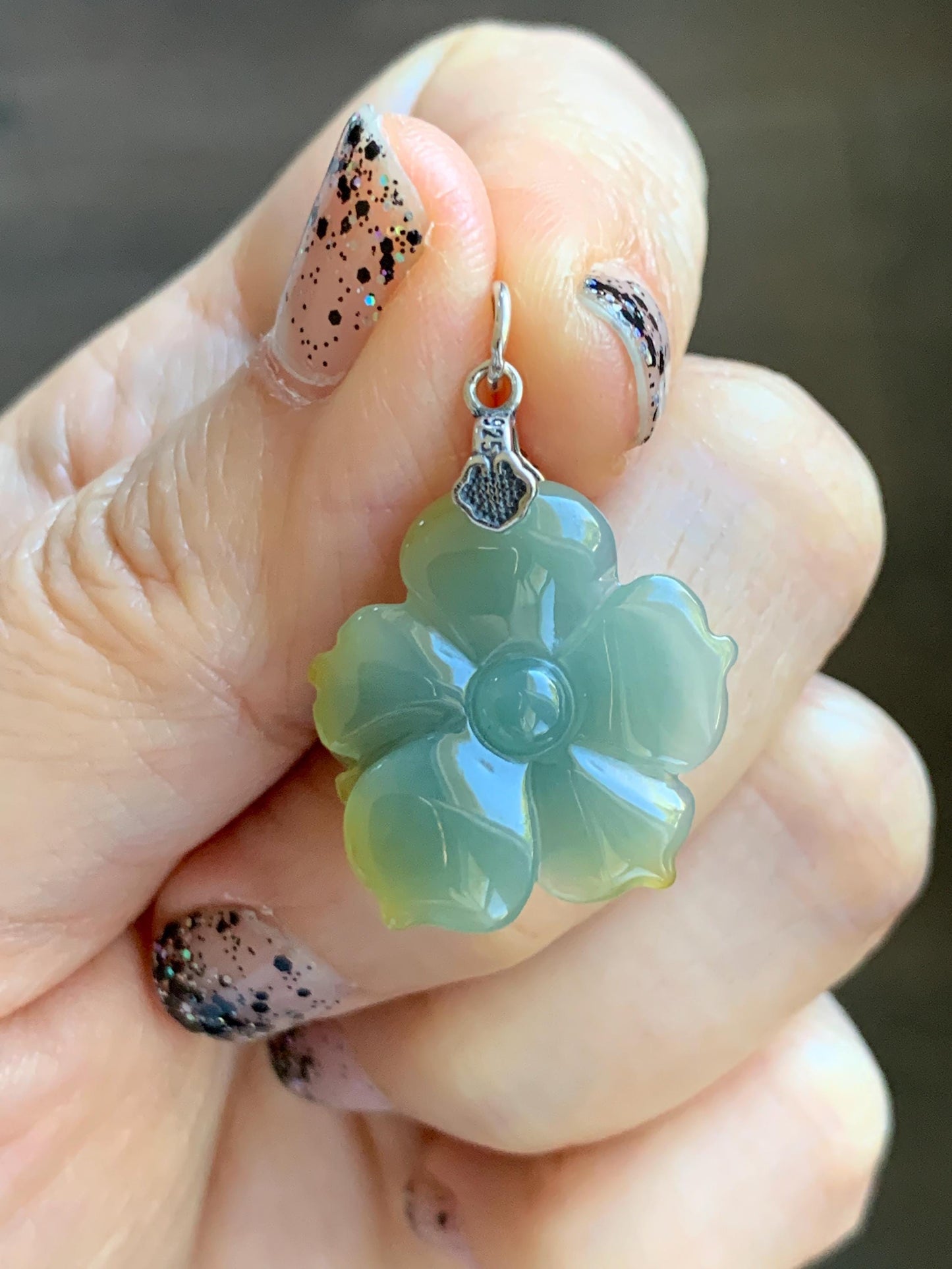 Natural Grade A Guatemalan Icy Translucent Pastel Dusty Blue Yellow Jade Jadeite Lotus Flower Pendant Sterling Silver 天然冰危蓝黄翡翠莲花吊坠 WSS118