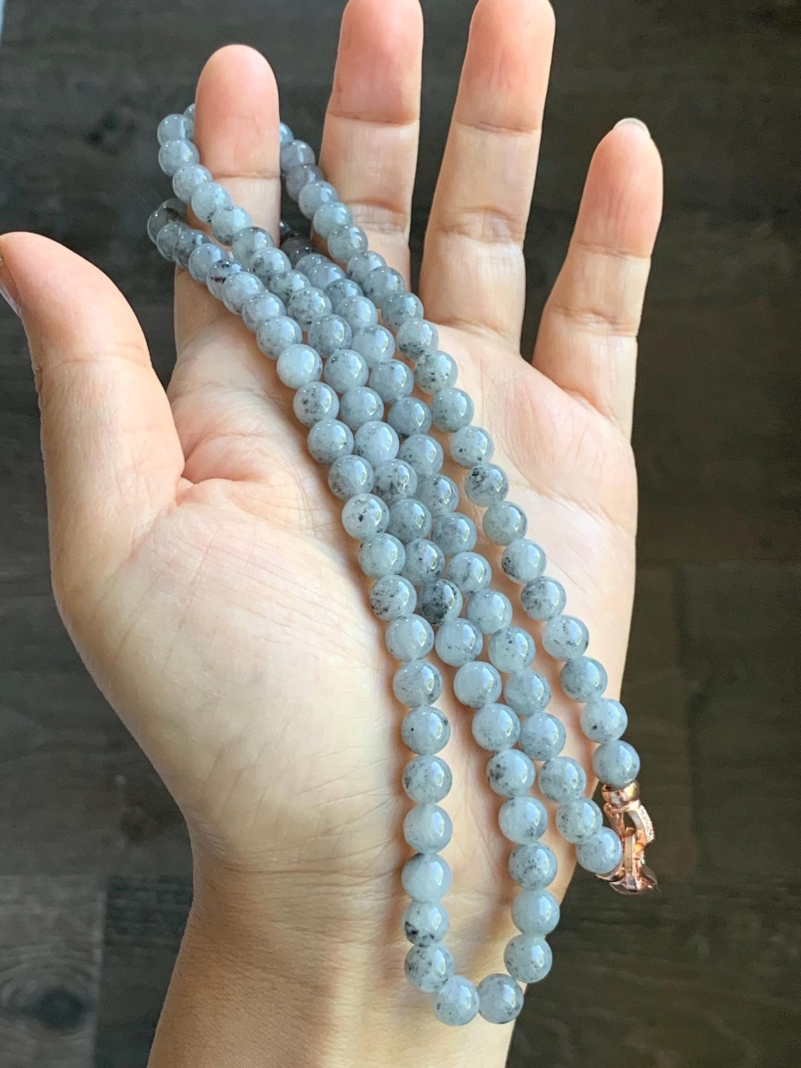 Natural Grade A Icy Highly Translucent Gelatinous Wuji Jade Jadeite Beaded Necklace 7mm 27" 天然冰胶乌鸡翡翠圆珠长链 MWJ363