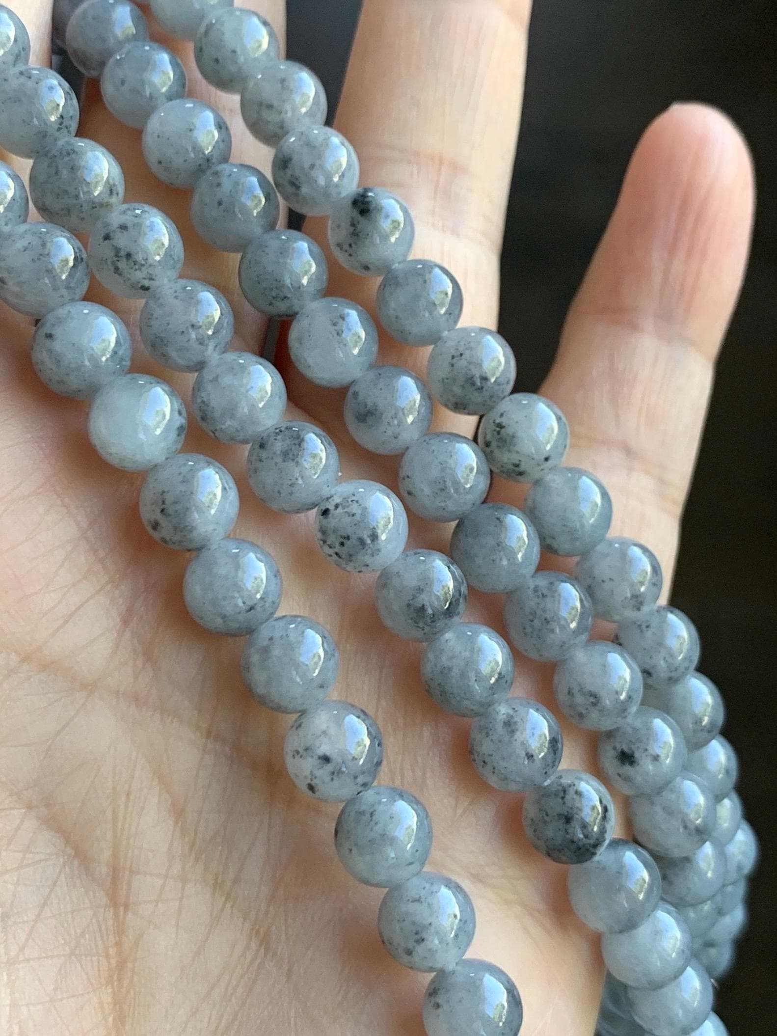 Natural Grade A Icy Highly Translucent Gelatinous Wuji Jade Jadeite Beaded Necklace 7mm 27" 天然冰胶乌鸡翡翠圆珠长链 MWJ363