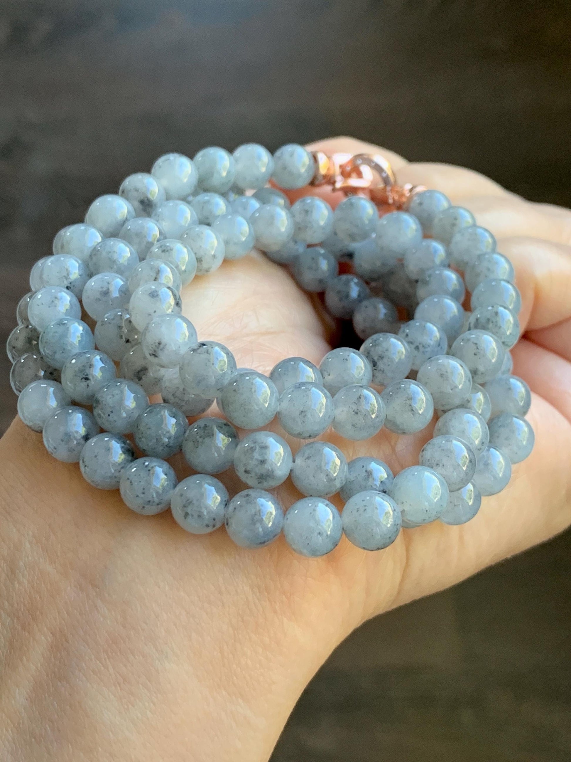 Natural Grade A Icy Highly Translucent Gelatinous Wuji Jade Jadeite Beaded Necklace 7mm 27" 天然冰胶乌鸡翡翠圆珠长链 MWJ363