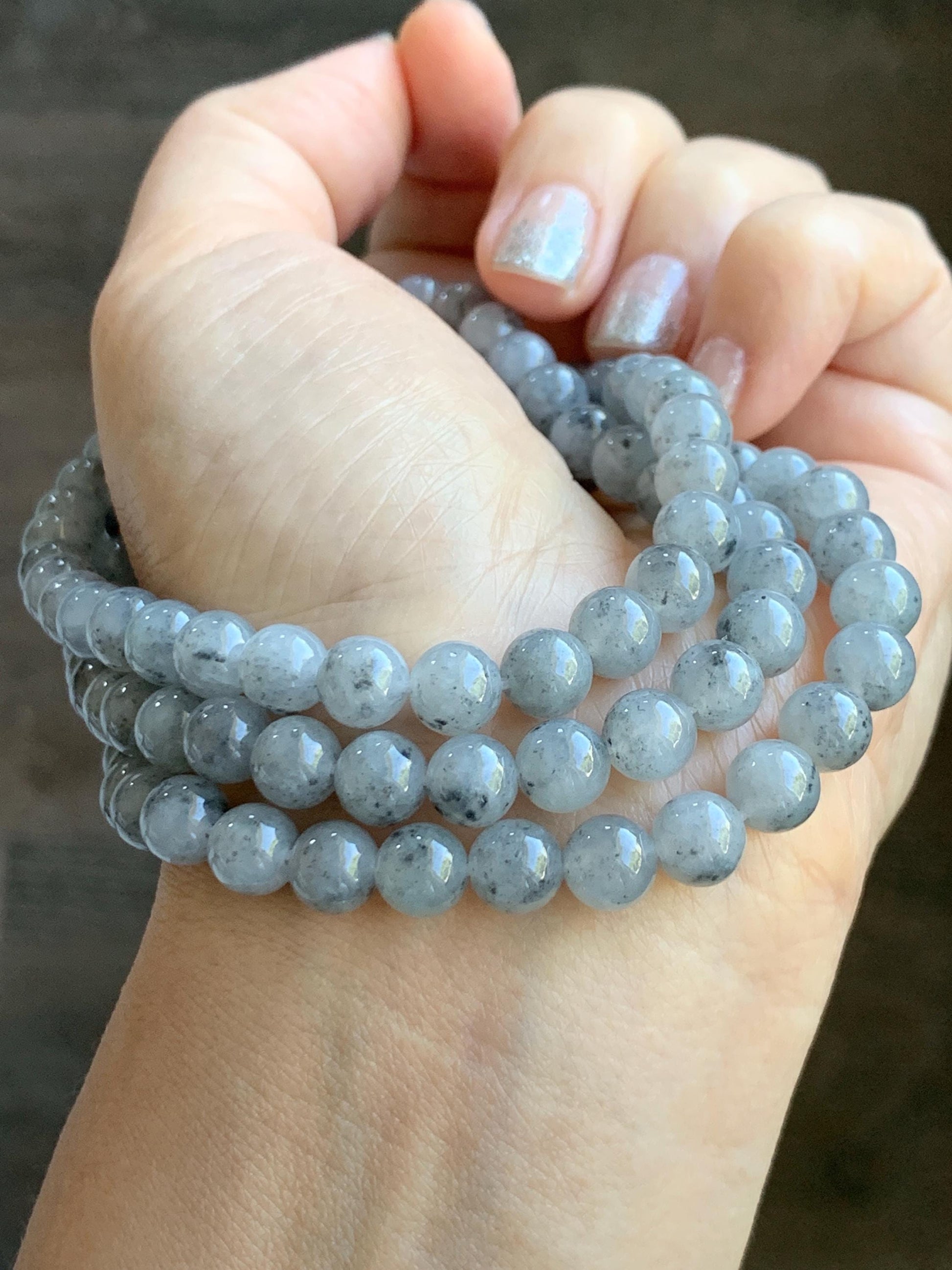 Natural Grade A Icy Highly Translucent Gelatinous Wuji Jade Jadeite Beaded Necklace 7mm 27" 天然冰胶乌鸡翡翠圆珠长链 MWJ363