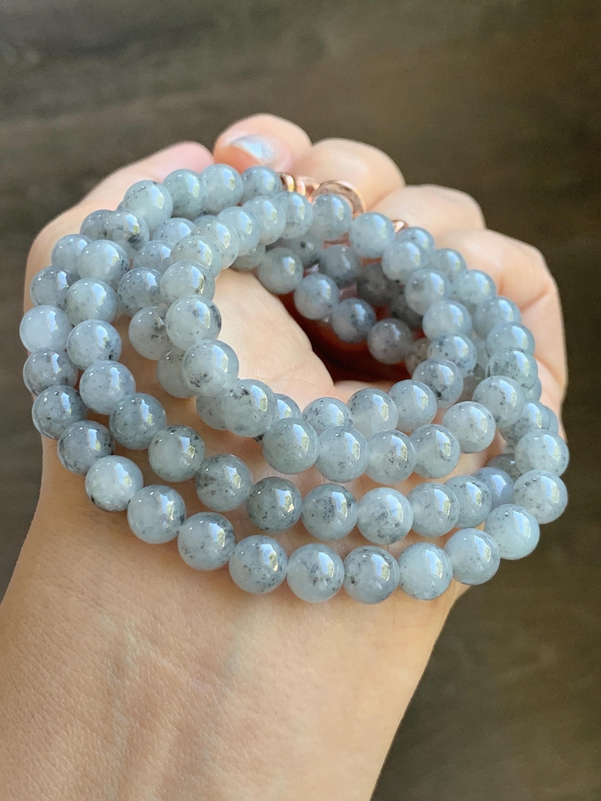 Natural Grade A Icy Highly Translucent Gelatinous Wuji Jade Jadeite Beaded Necklace 7mm 27" 天然冰胶乌鸡翡翠圆珠长链 MWJ363
