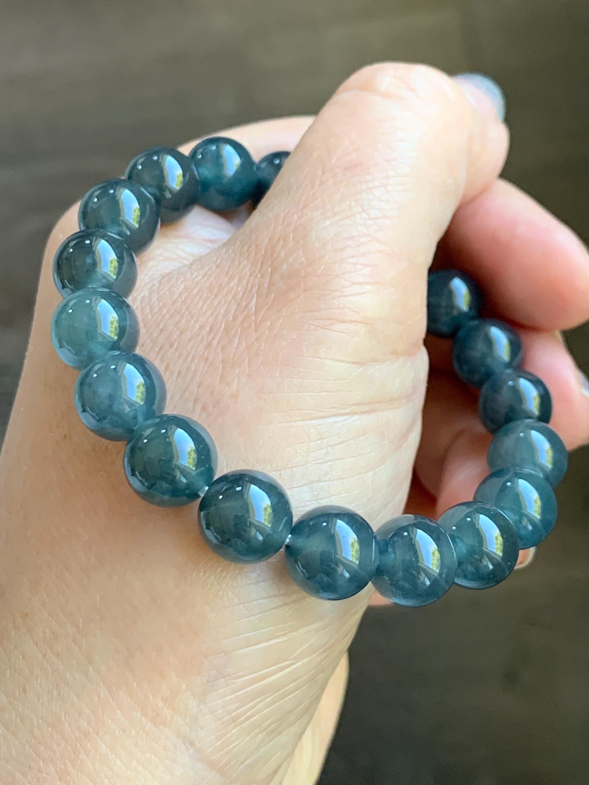 Certified Natural Grade A Guatemalan Icy Highly Translucent Dark Teal Wuji Jade Jadeite Beads Beaded Bracelet 9.8mm 7” 天然冰胶危深蓝乌鸡翡翠手串 490