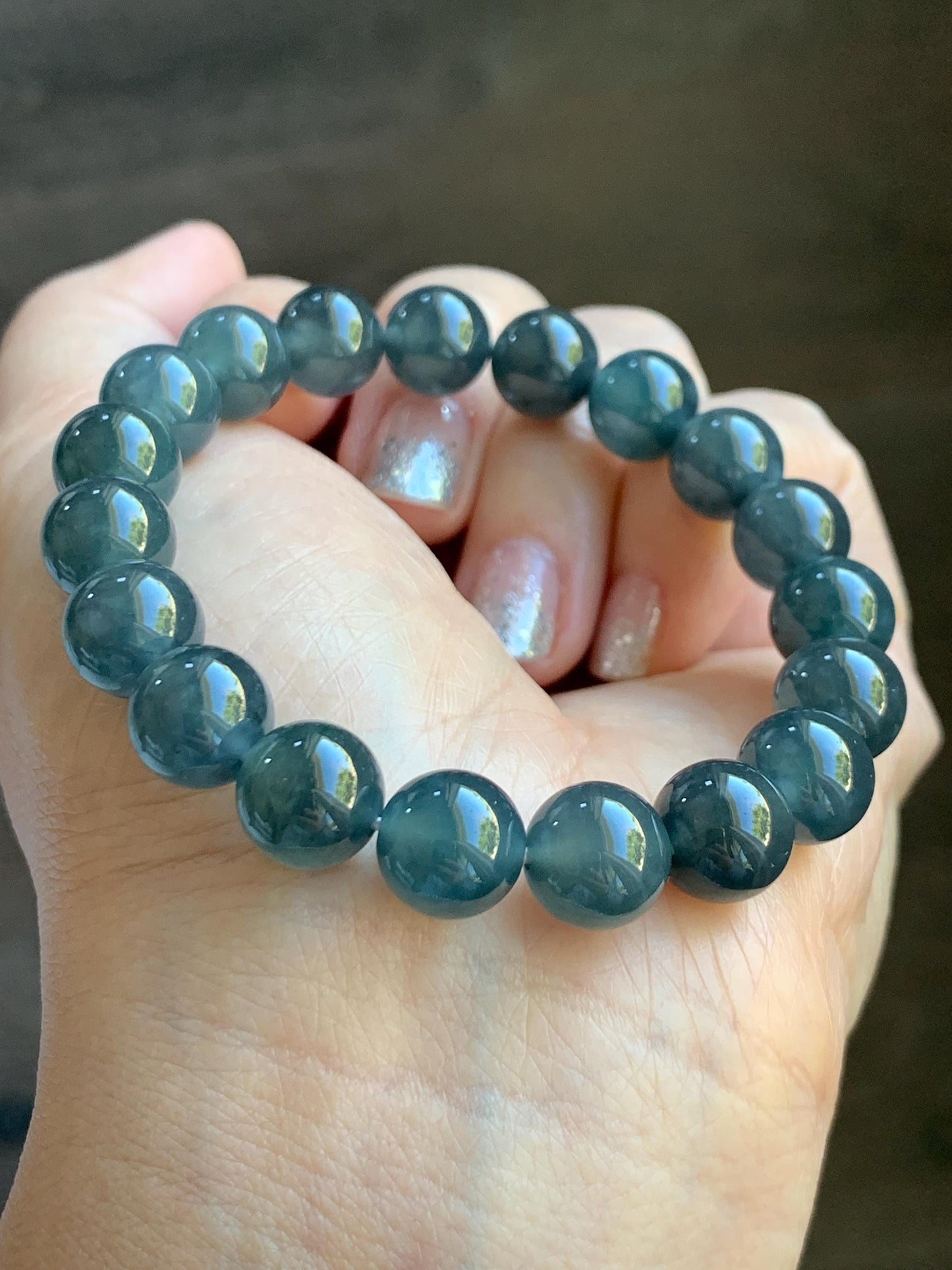 Certified Natural Grade A Guatemalan Icy Highly Translucent Dark Teal Wuji Jade Jadeite Beads Beaded Bracelet 9.8mm 7” 天然冰胶危深蓝乌鸡翡翠手串 490