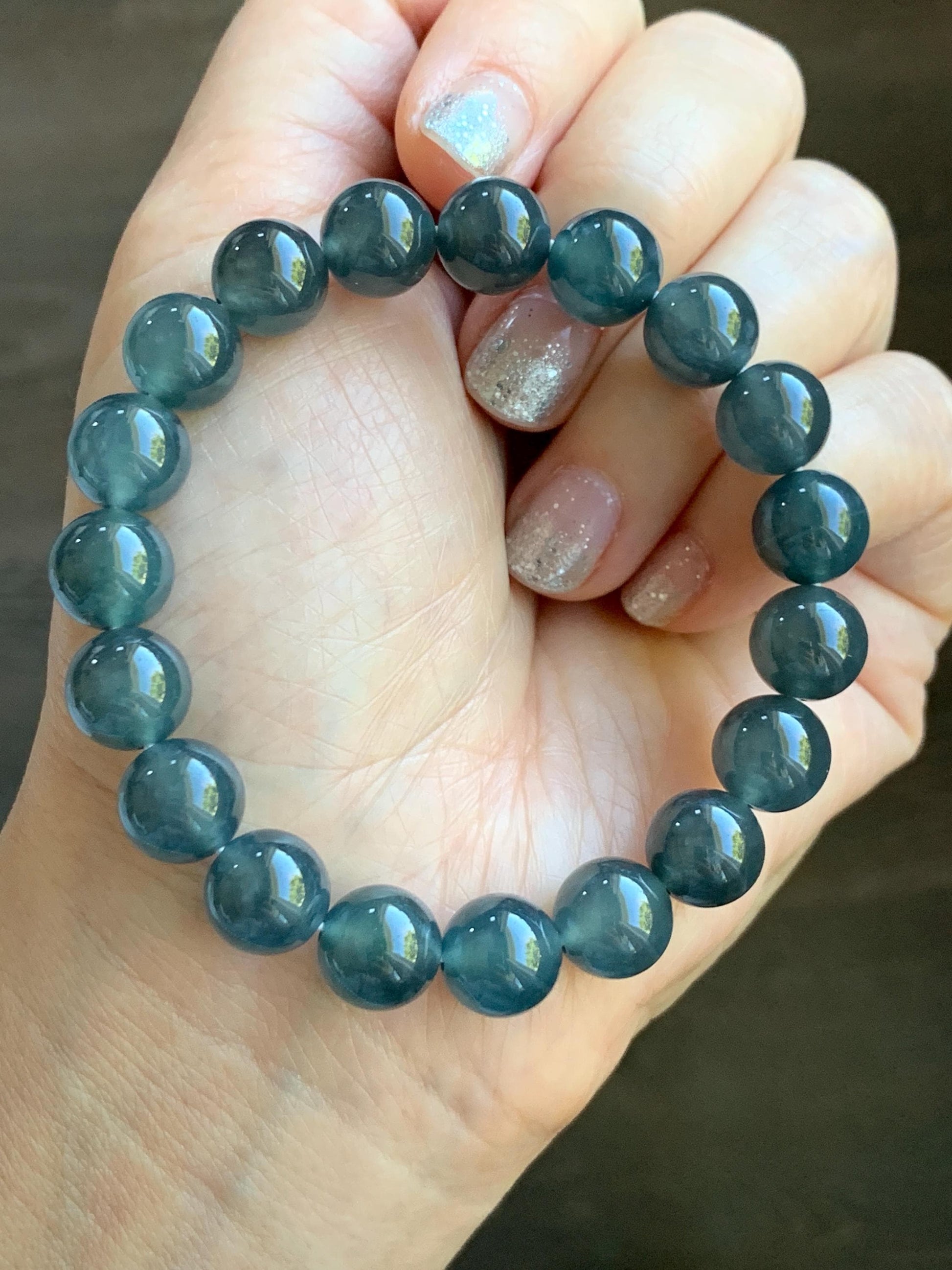 Certified Natural Grade A Guatemalan Icy Highly Translucent Dark Teal Wuji Jade Jadeite Beads Beaded Bracelet 9.8mm 7” 天然冰胶危深蓝乌鸡翡翠手串 490
