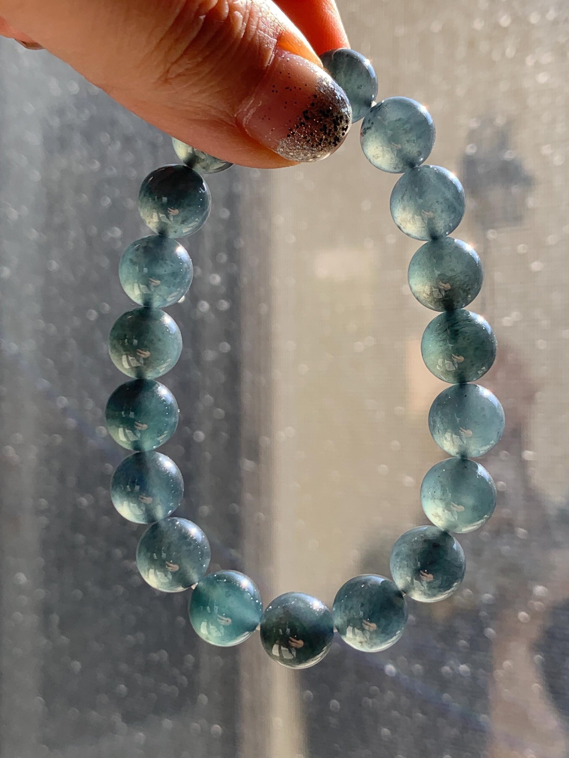 Certified Natural Grade A Guatemalan Icy Highly Translucent Dark Teal Wuji Jade Jadeite Beads Beaded Bracelet 9.8mm 7” 天然冰胶危深蓝乌鸡翡翠手串 490