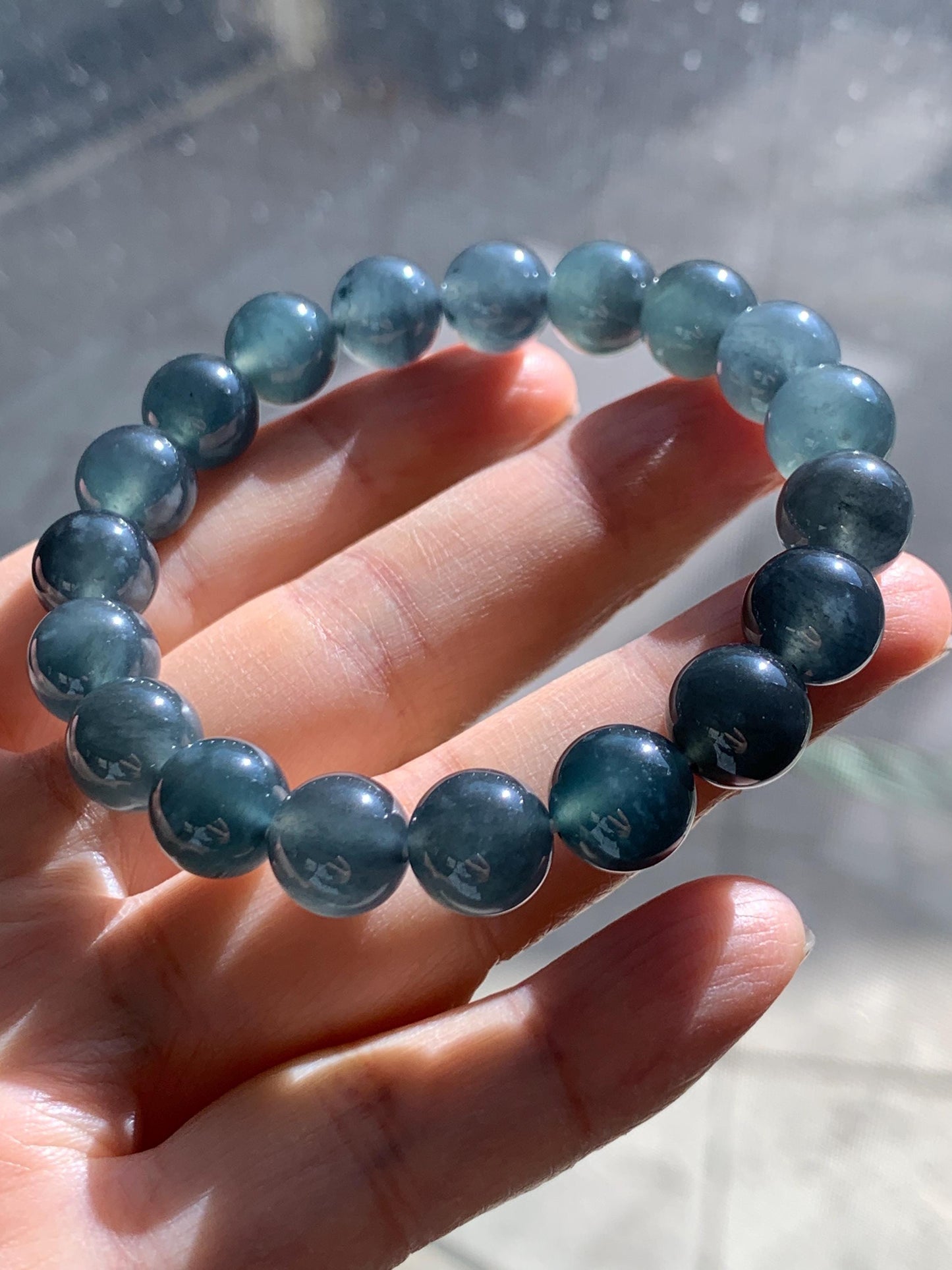 Certified Natural Grade A Guatemalan Icy Highly Translucent Dark Teal Wuji Jade Jadeite Beads Beaded Bracelet 9.8mm 7” 天然冰胶危深蓝乌鸡翡翠手串 490