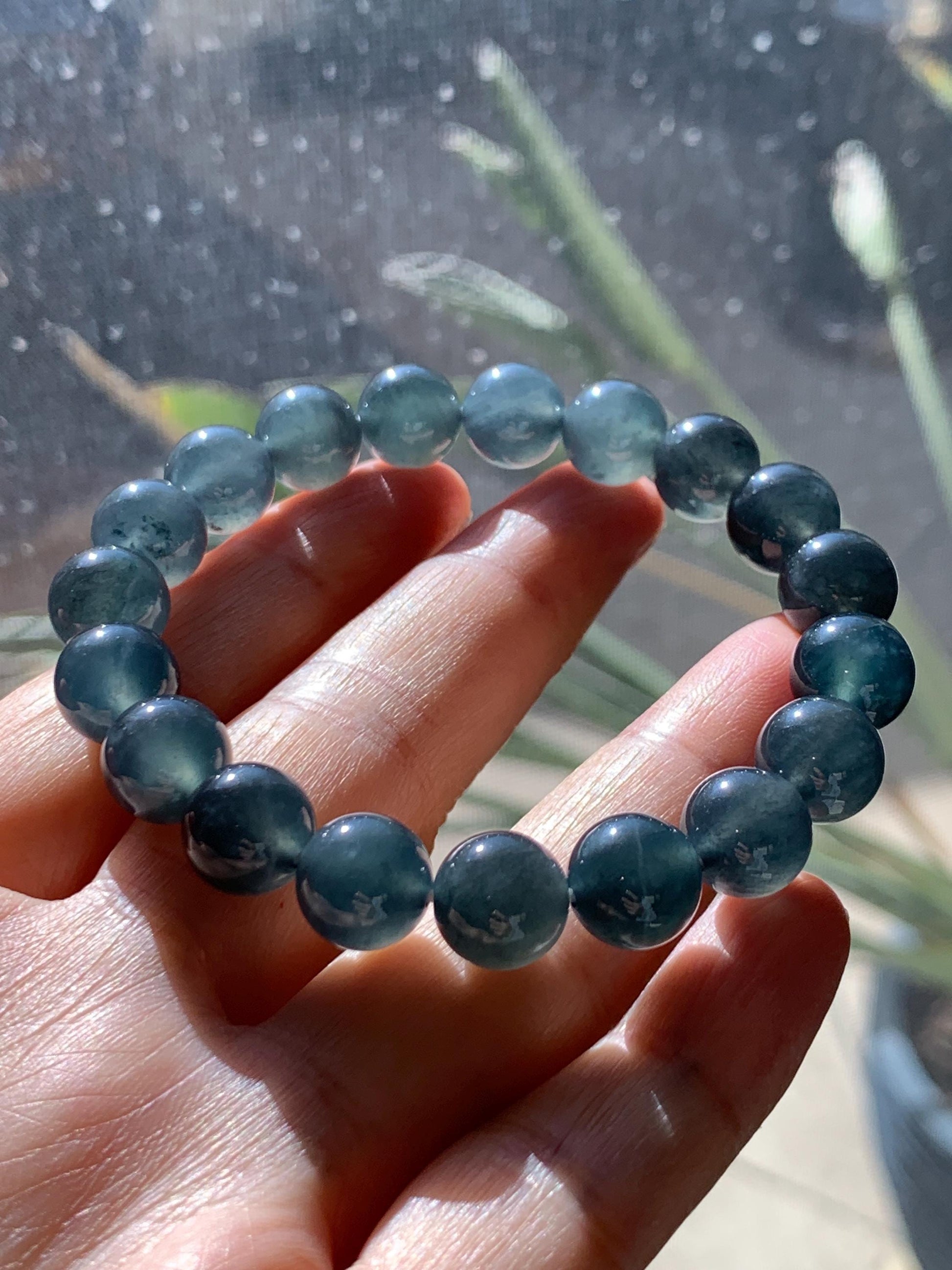 Certified Natural Grade A Guatemalan Icy Highly Translucent Dark Teal Wuji Jade Jadeite Beads Beaded Bracelet 9.8mm 7” 天然冰胶危深蓝乌鸡翡翠手串 490