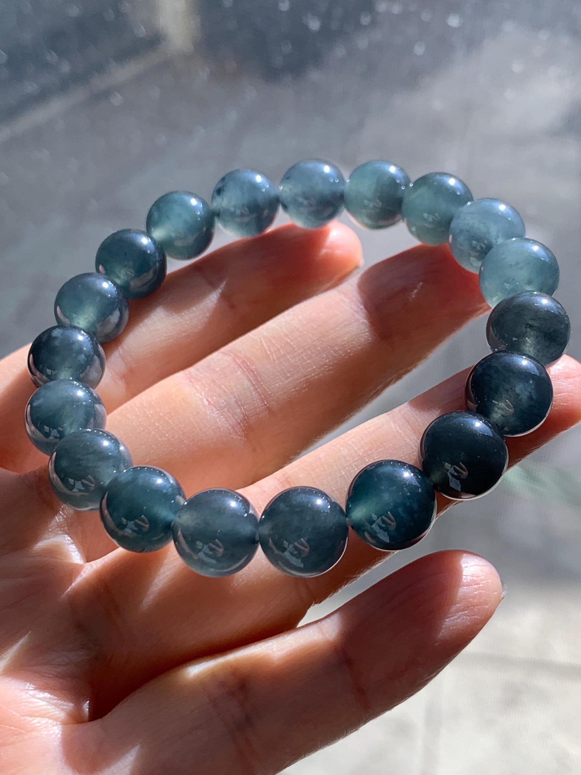 Certified Natural Grade A Guatemalan Icy Highly Translucent Dark Teal Wuji Jade Jadeite Beads Beaded Bracelet 9.8mm 7” 天然冰胶危深蓝乌鸡翡翠手串 490