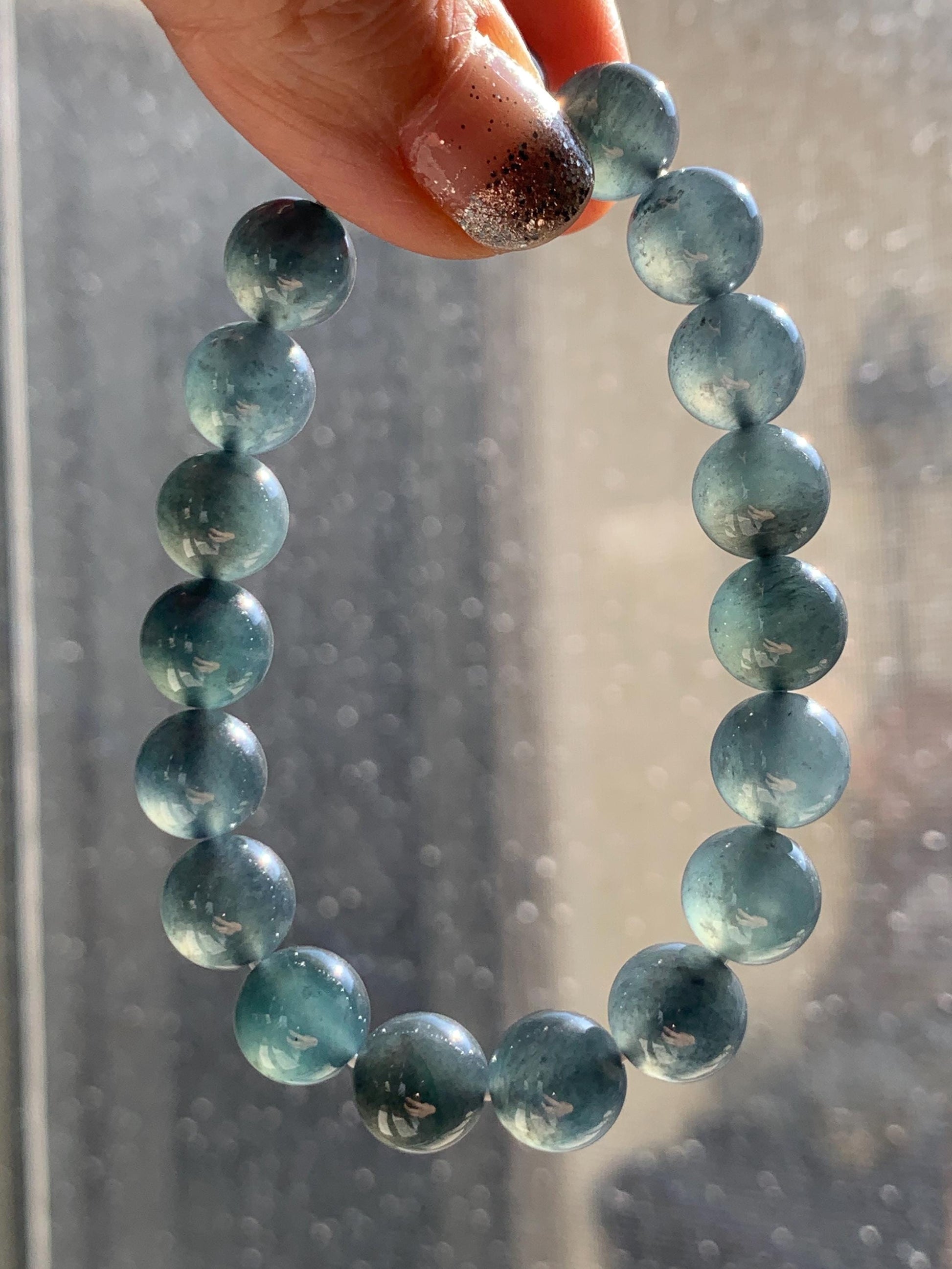 Certified Natural Grade A Guatemalan Icy Highly Translucent Dark Teal Wuji Jade Jadeite Beads Beaded Bracelet 9.8mm 7” 天然冰胶危深蓝乌鸡翡翠手串 490