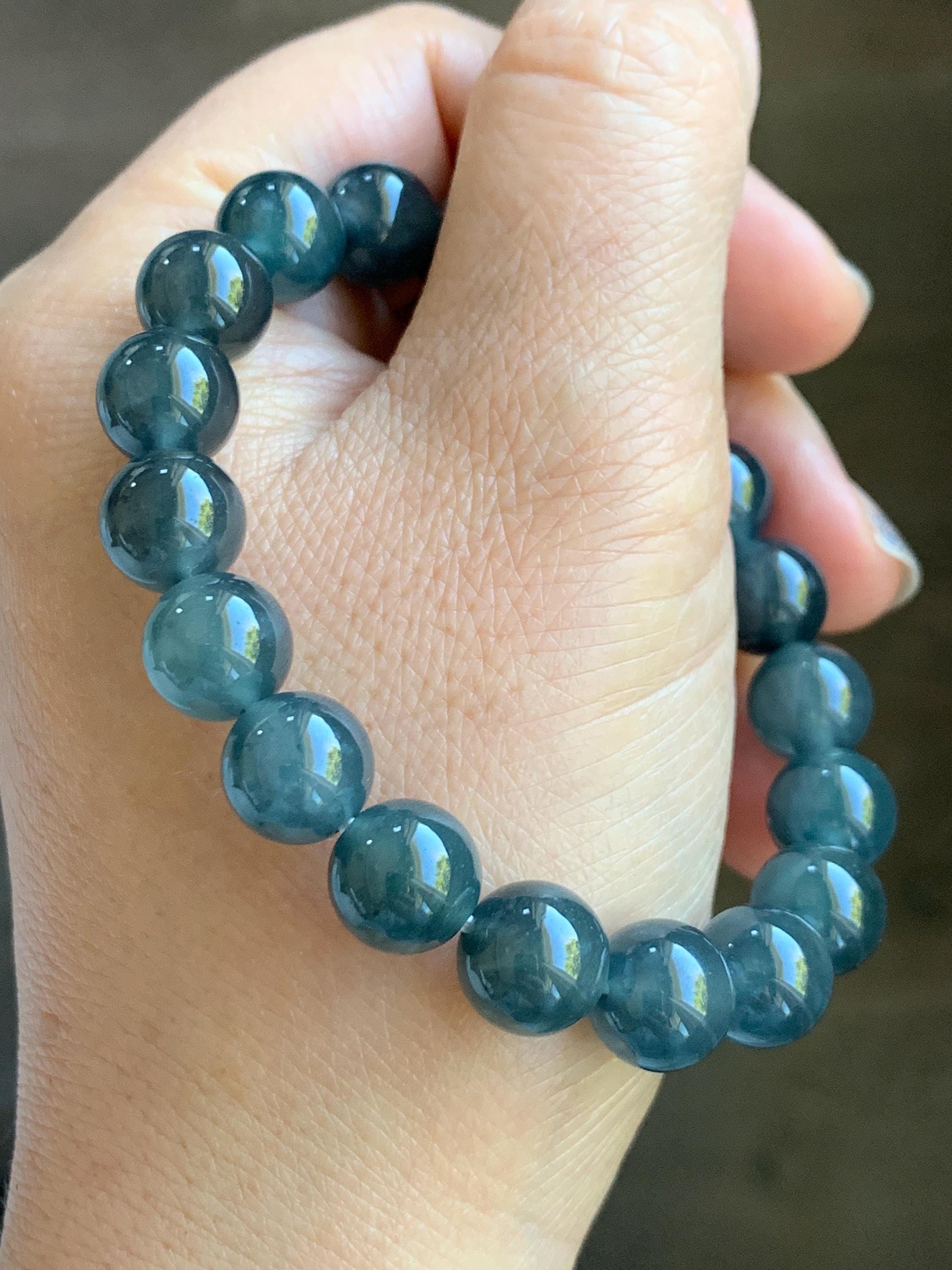 Certified Natural Grade A Guatemalan Icy Highly Translucent Dark Teal Wuji Jade Jadeite Beads Beaded Bracelet 9.8mm 7” 天然冰胶危深蓝乌鸡翡翠手串 490