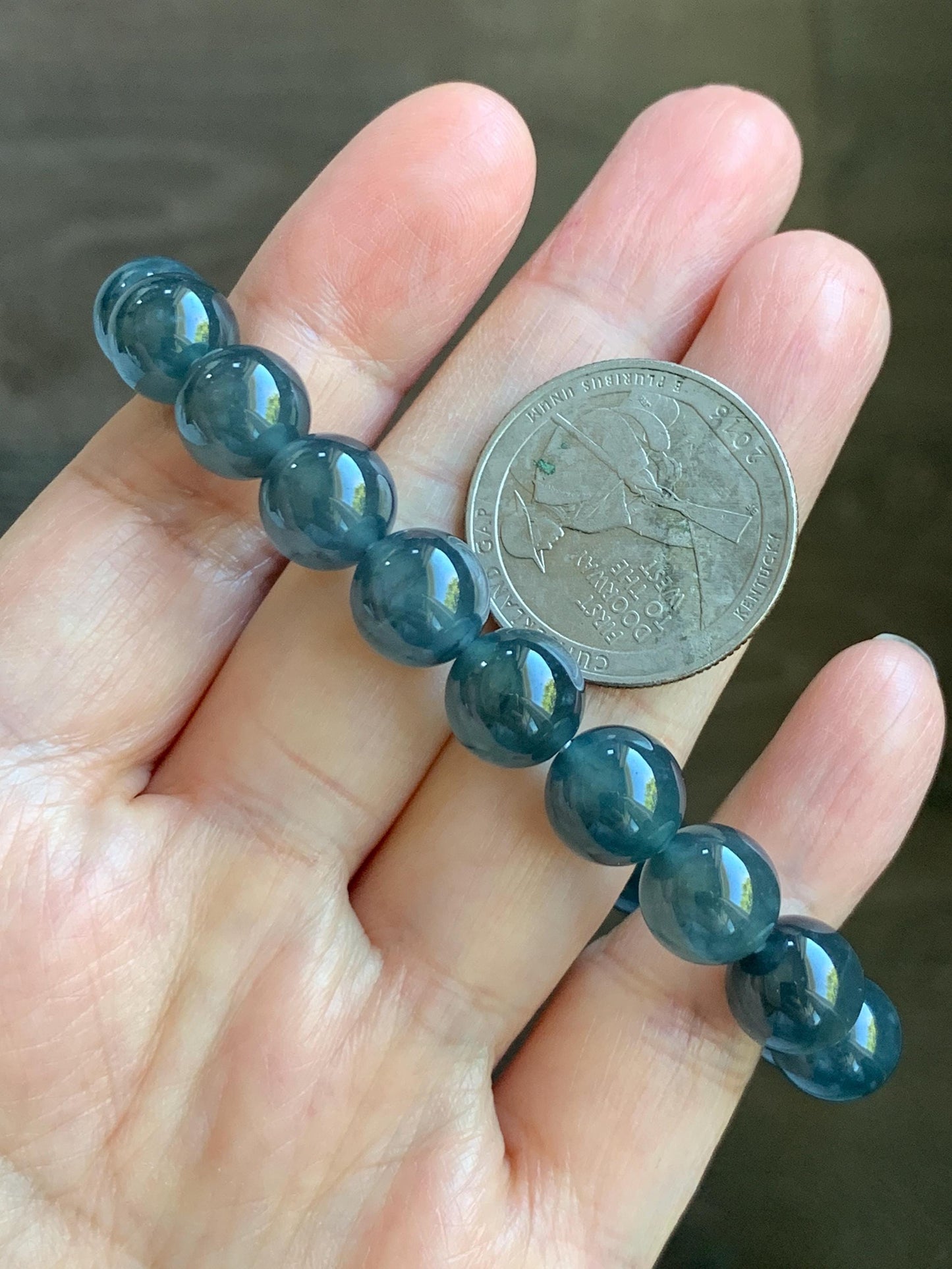 Certified Natural Grade A Guatemalan Icy Highly Translucent Dark Teal Wuji Jade Jadeite Beads Beaded Bracelet 9.8mm 7” 天然冰胶危深蓝乌鸡翡翠手串 490