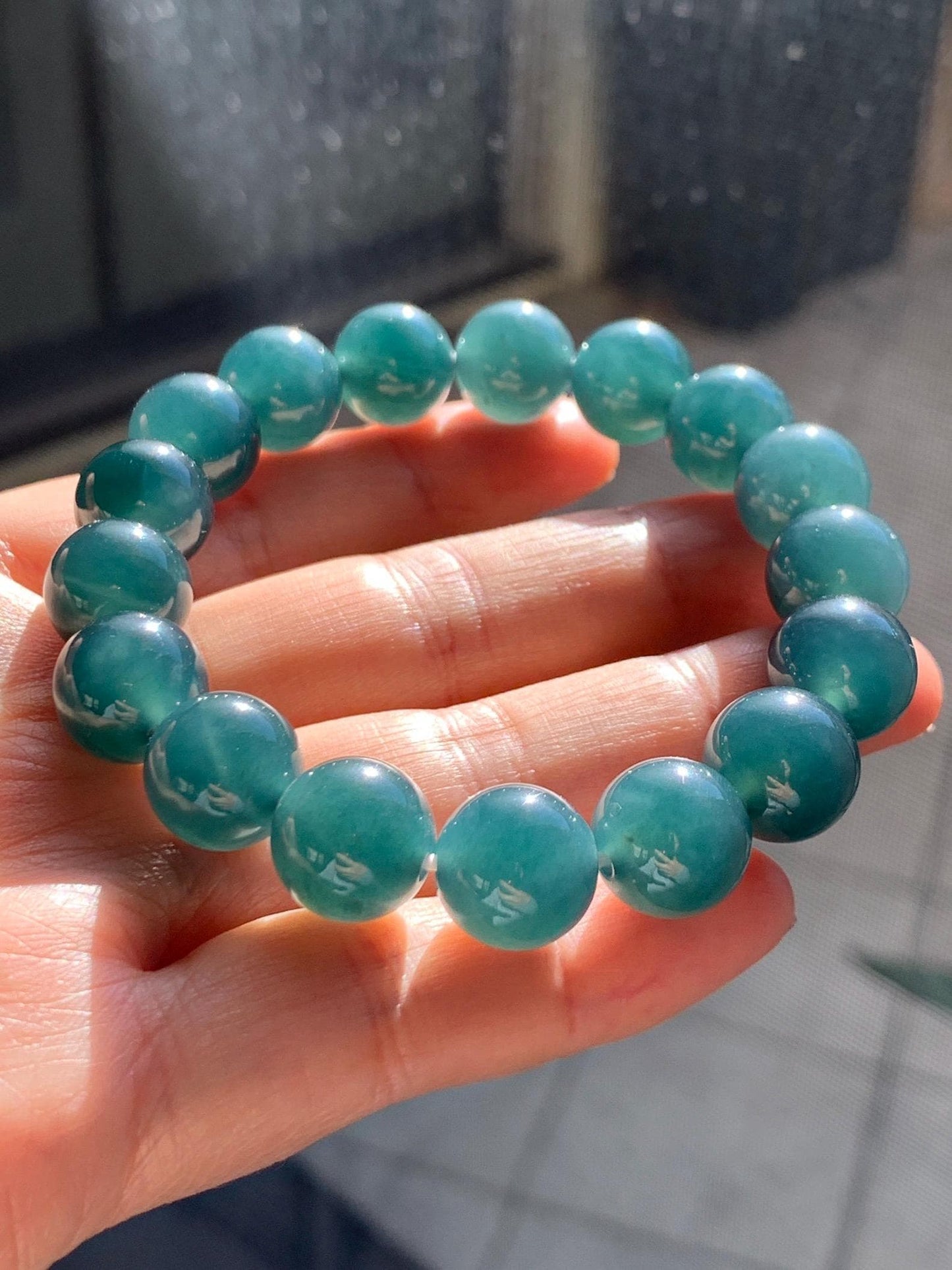 Natural Grade A Guatemalan Icy Translucent Dark Teal Blue Jade Jadeite Large Beaded Bracelet Stretchy 11.8mm 7.5” 47g 天然冰危深蓝翡翠圆珠手串 WSH428