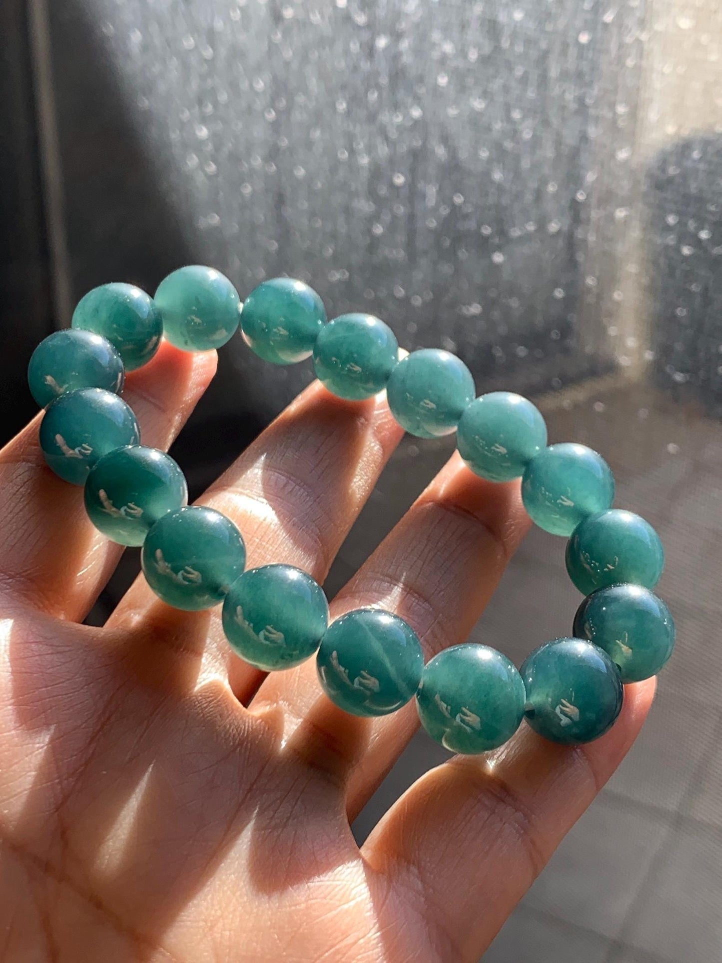 Natural Grade A Guatemalan Icy Translucent Dark Teal Blue Jade Jadeite Large Beaded Bracelet Stretchy 11.8mm 7.5” 47g 天然冰危深蓝翡翠圆珠手串 WSH428