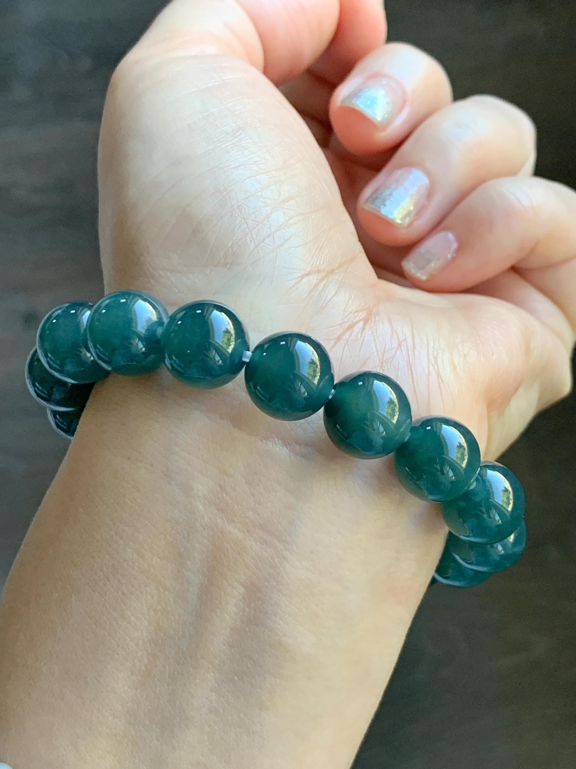 Natural Grade A Guatemalan Icy Translucent Dark Teal Blue Jade Jadeite Large Beaded Bracelet Stretchy 11.8mm 7.5” 47g 天然冰危深蓝翡翠圆珠手串 WSH428
