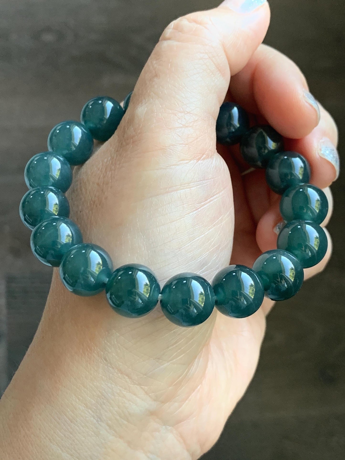 Natural Grade A Guatemalan Icy Translucent Dark Teal Blue Jade Jadeite Large Beaded Bracelet Stretchy 11.8mm 7.5” 47g 天然冰危深蓝翡翠圆珠手串 WSH428