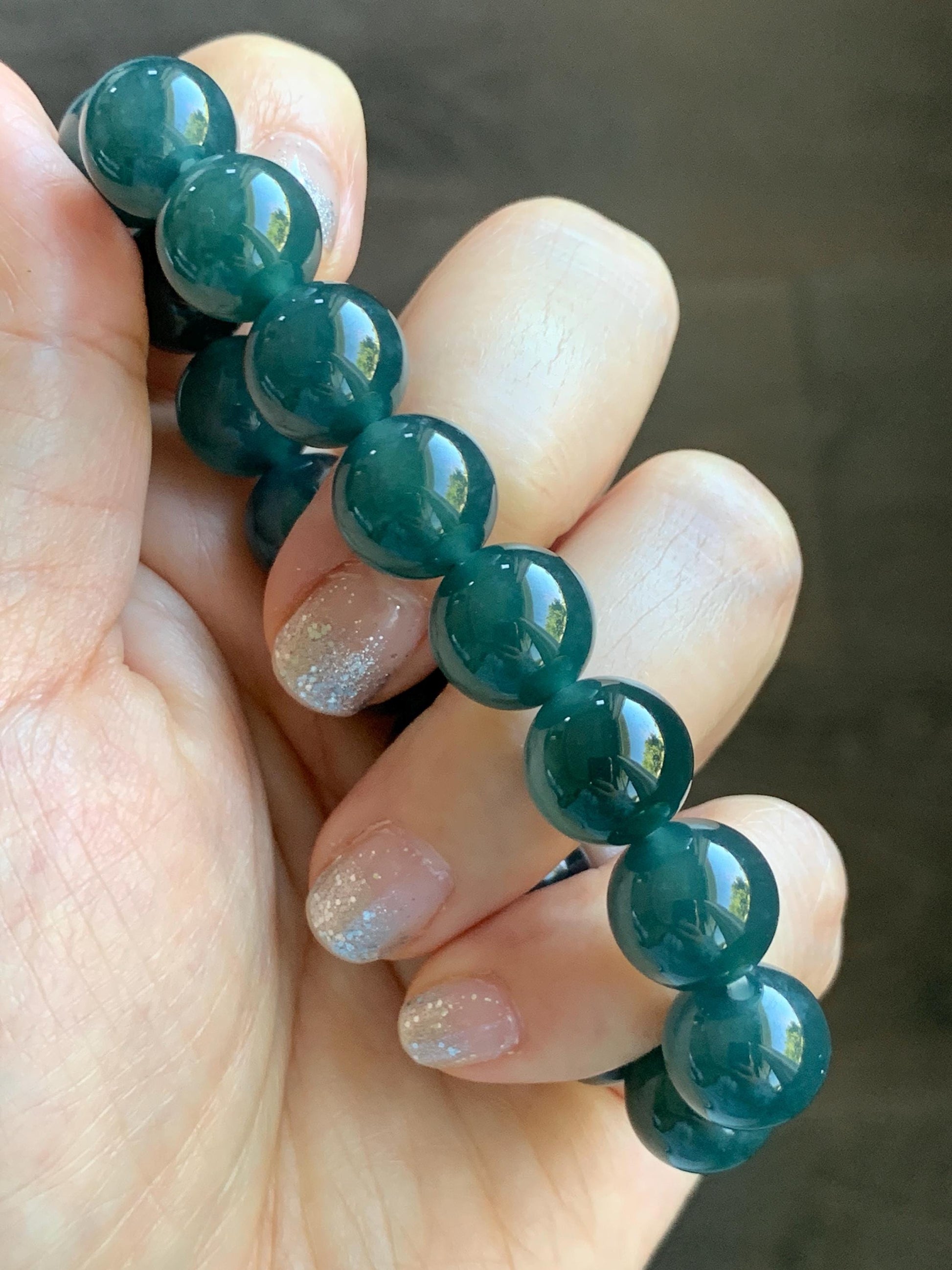 Natural Grade A Guatemalan Icy Translucent Dark Teal Blue Jade Jadeite Large Beaded Bracelet Stretchy 11.8mm 7.5” 47g 天然冰危深蓝翡翠圆珠手串 WSH428