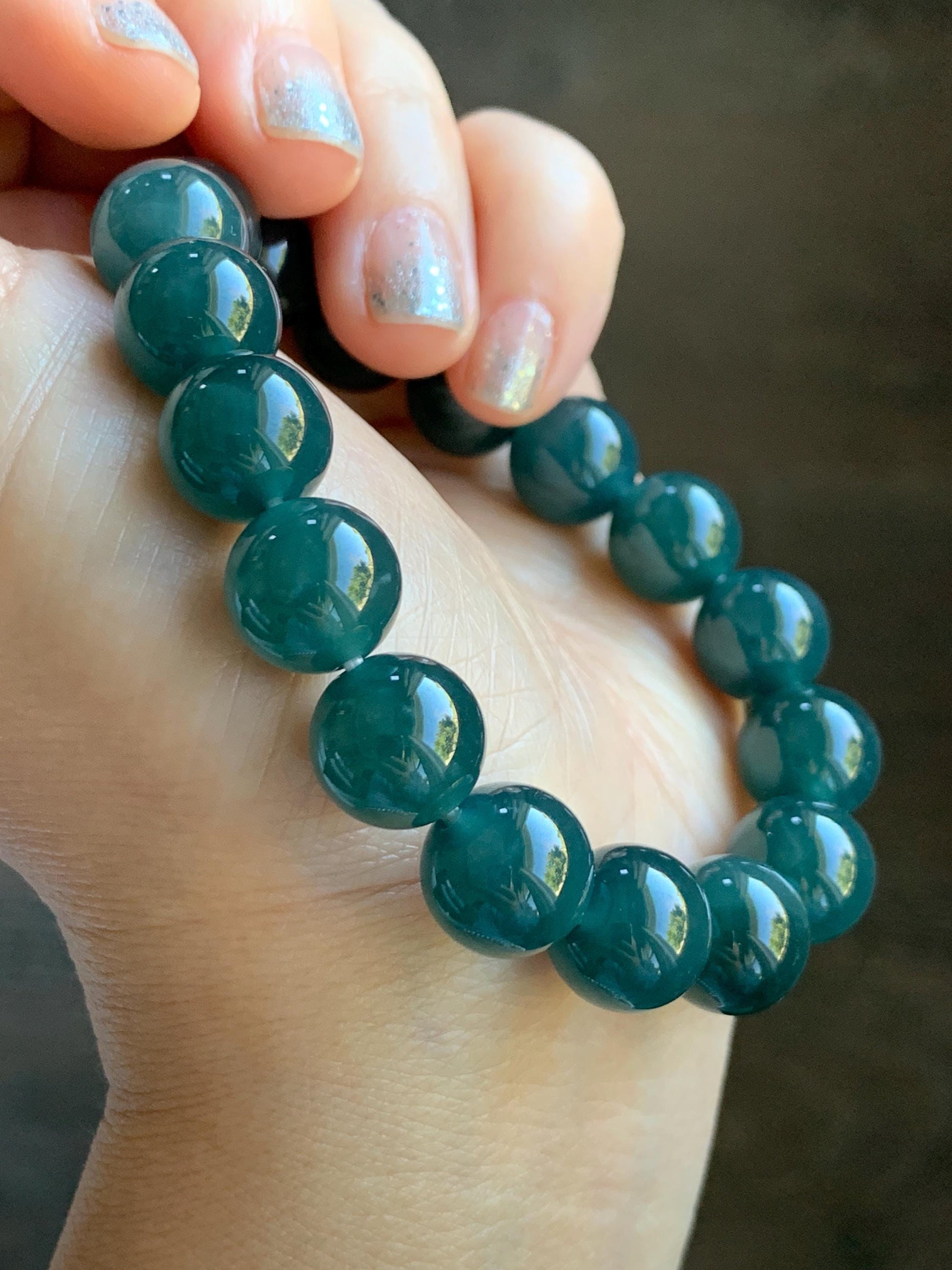 Natural Grade A Guatemalan Icy Translucent Dark Teal Blue Jade Jadeite Large Beaded Bracelet Stretchy 11.8mm 7.5” 47g 天然冰危深蓝翡翠圆珠手串 WSH428