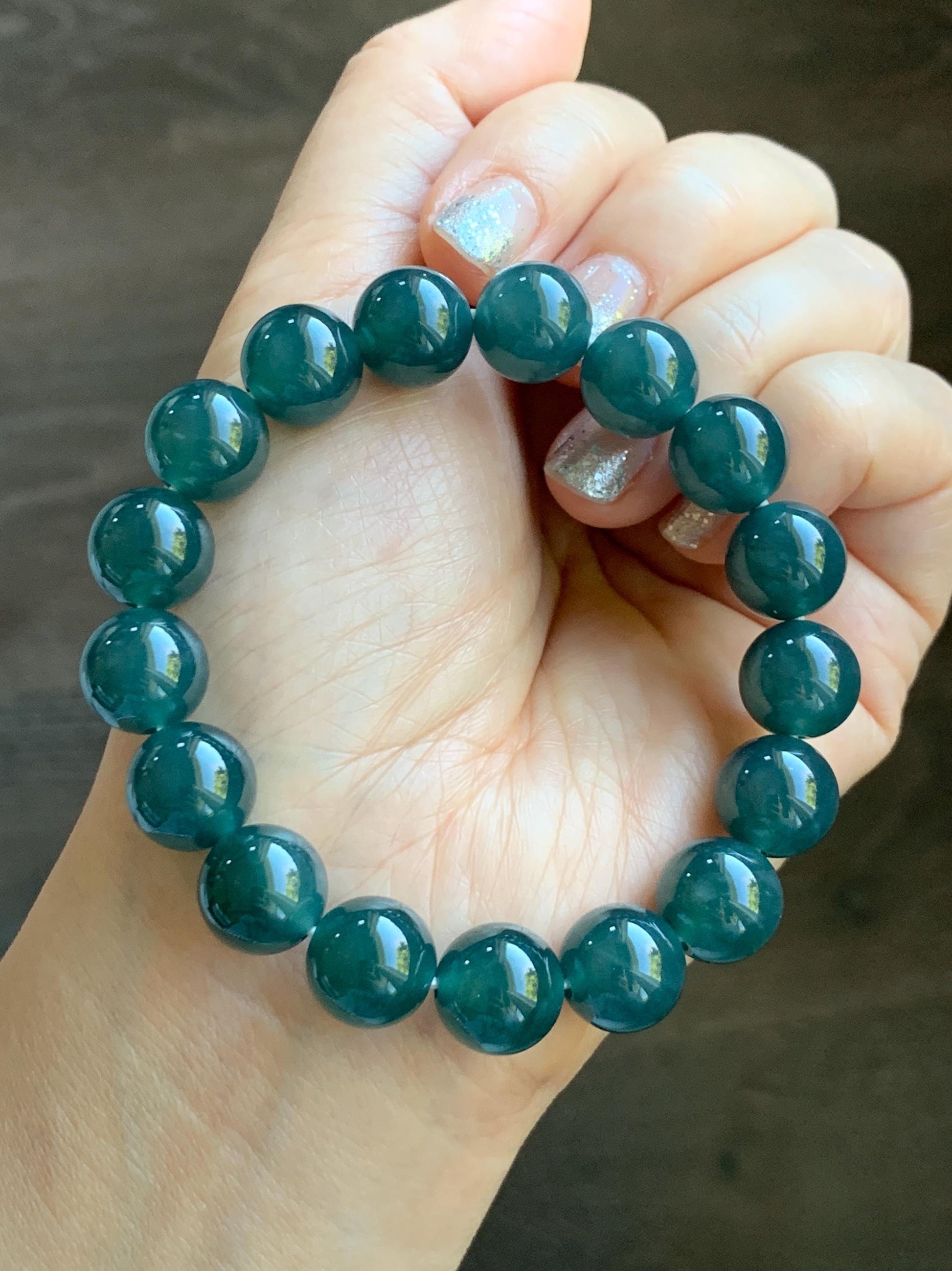 Natural Grade A Guatemalan Icy Translucent Dark Teal Blue Jade Jadeite Large Beaded Bracelet Stretchy 11.8mm 7.5” 47g 天然冰危深蓝翡翠圆珠手串 WSH428