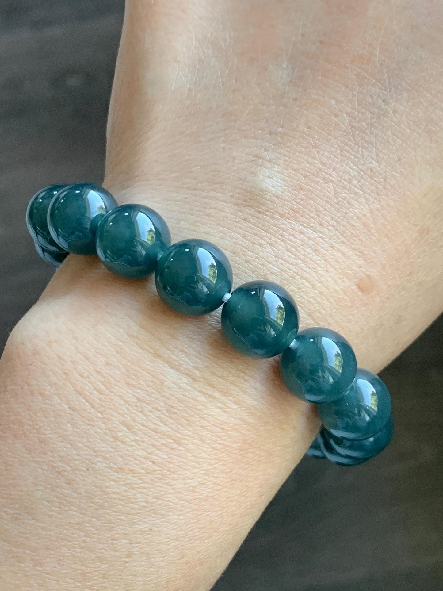 Natural Grade A Guatemalan Icy Translucent Dark Teal Blue Jade Jadeite Large Beaded Bracelet Stretchy 11.8mm 7.5” 47g 天然冰危深蓝翡翠圆珠手串 WSH428
