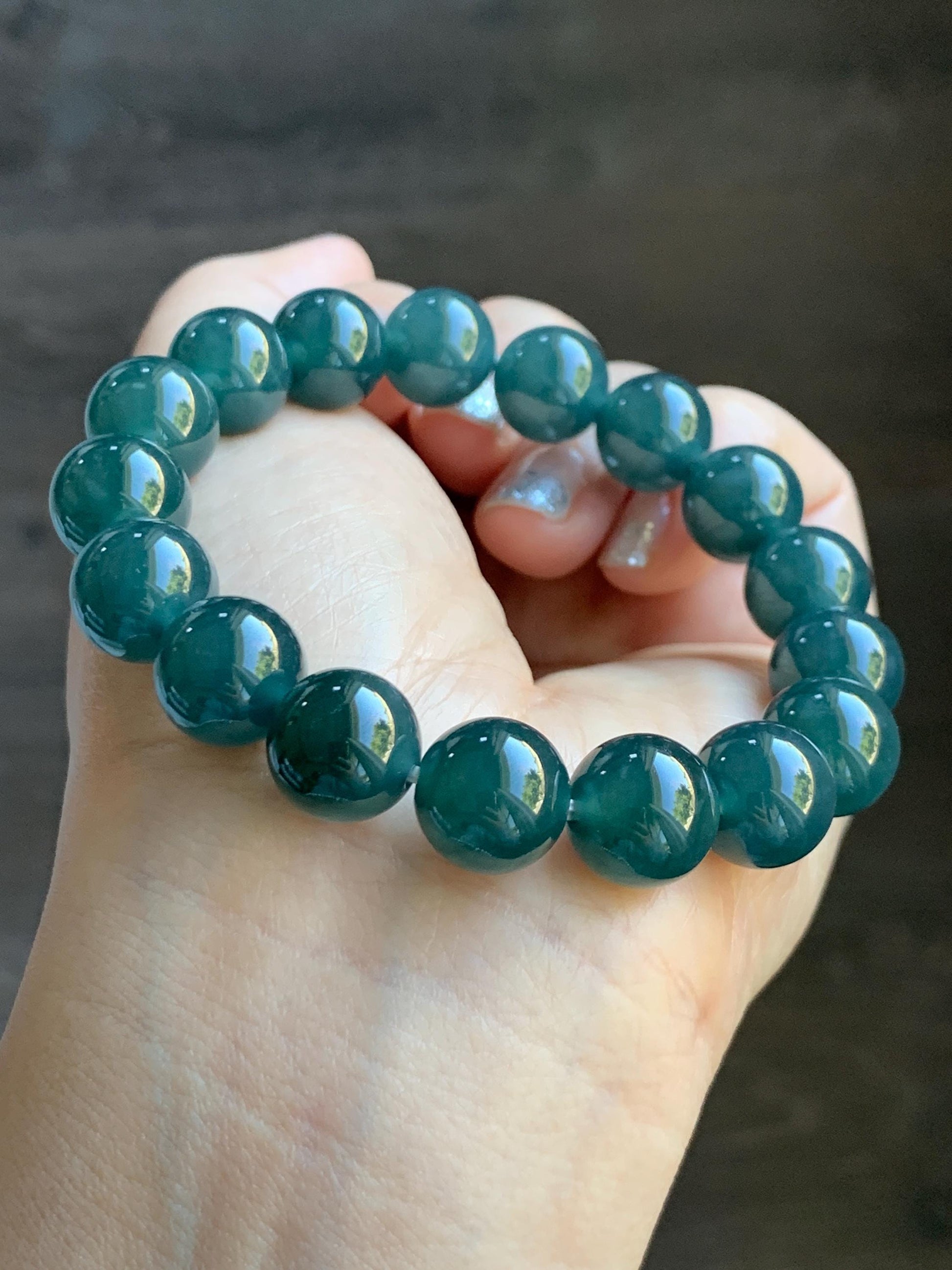 Natural Grade A Guatemalan Icy Translucent Dark Teal Blue Jade Jadeite Large Beaded Bracelet Stretchy 11.8mm 7.5” 47g 天然冰危深蓝翡翠圆珠手串 WSH428